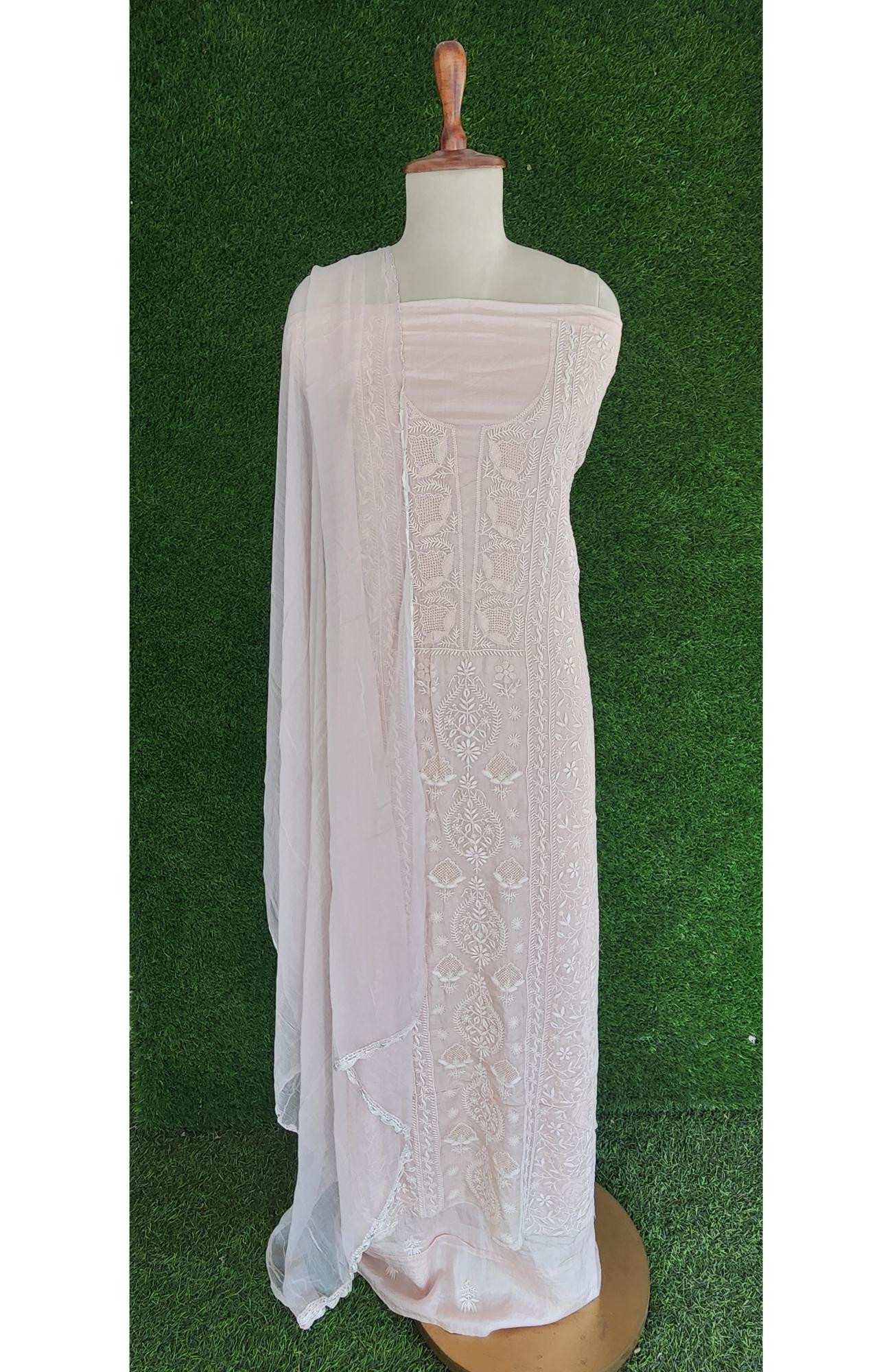 Skin Colour Silk Chikankari Suit Length