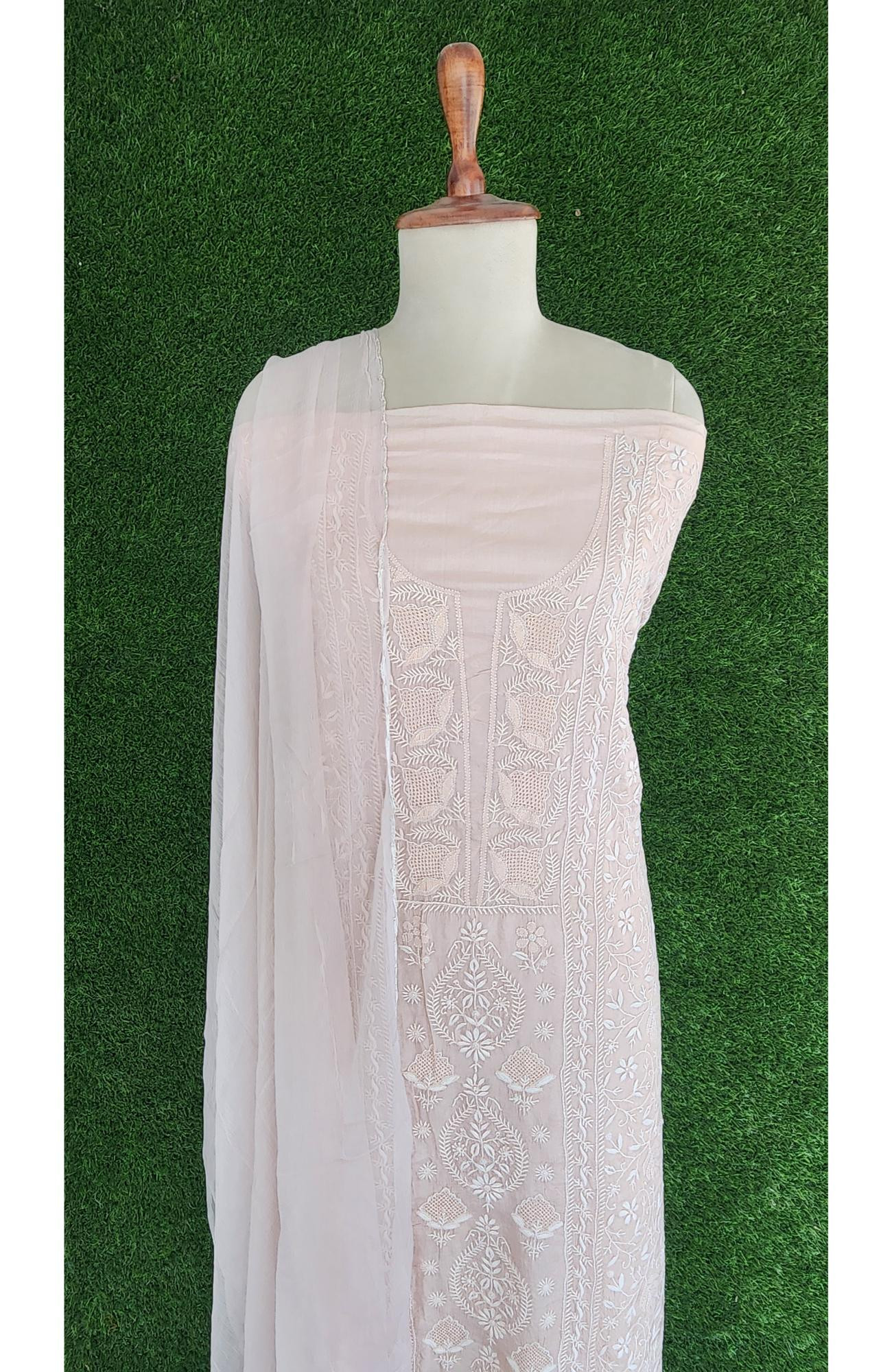 Skin Colour Silk Chikankari Suit Length