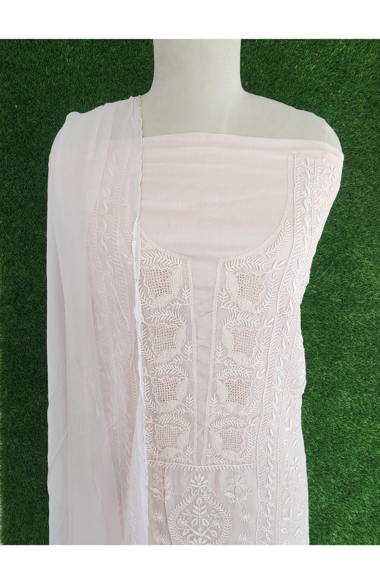 Skin Colour Silk Chikankari Suit Length