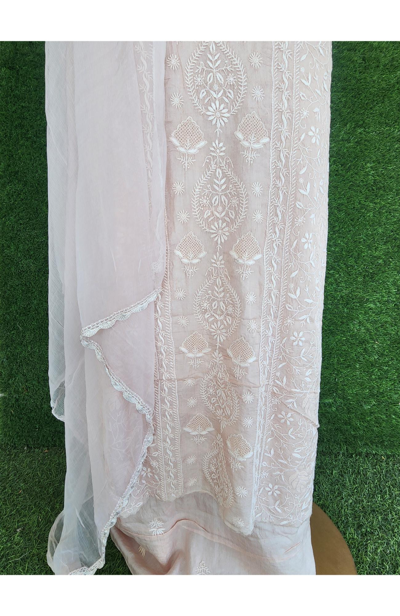 Skin Colour Silk Chikankari Suit Length