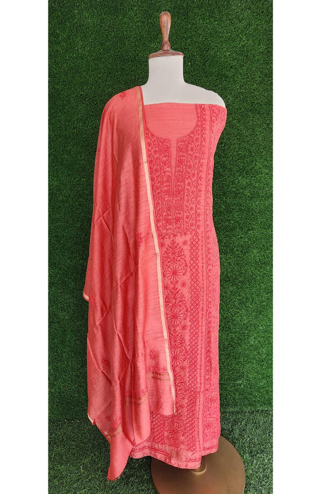 Image of Red Chanderi Silk Chikankari Kurta &amp; Dupatta