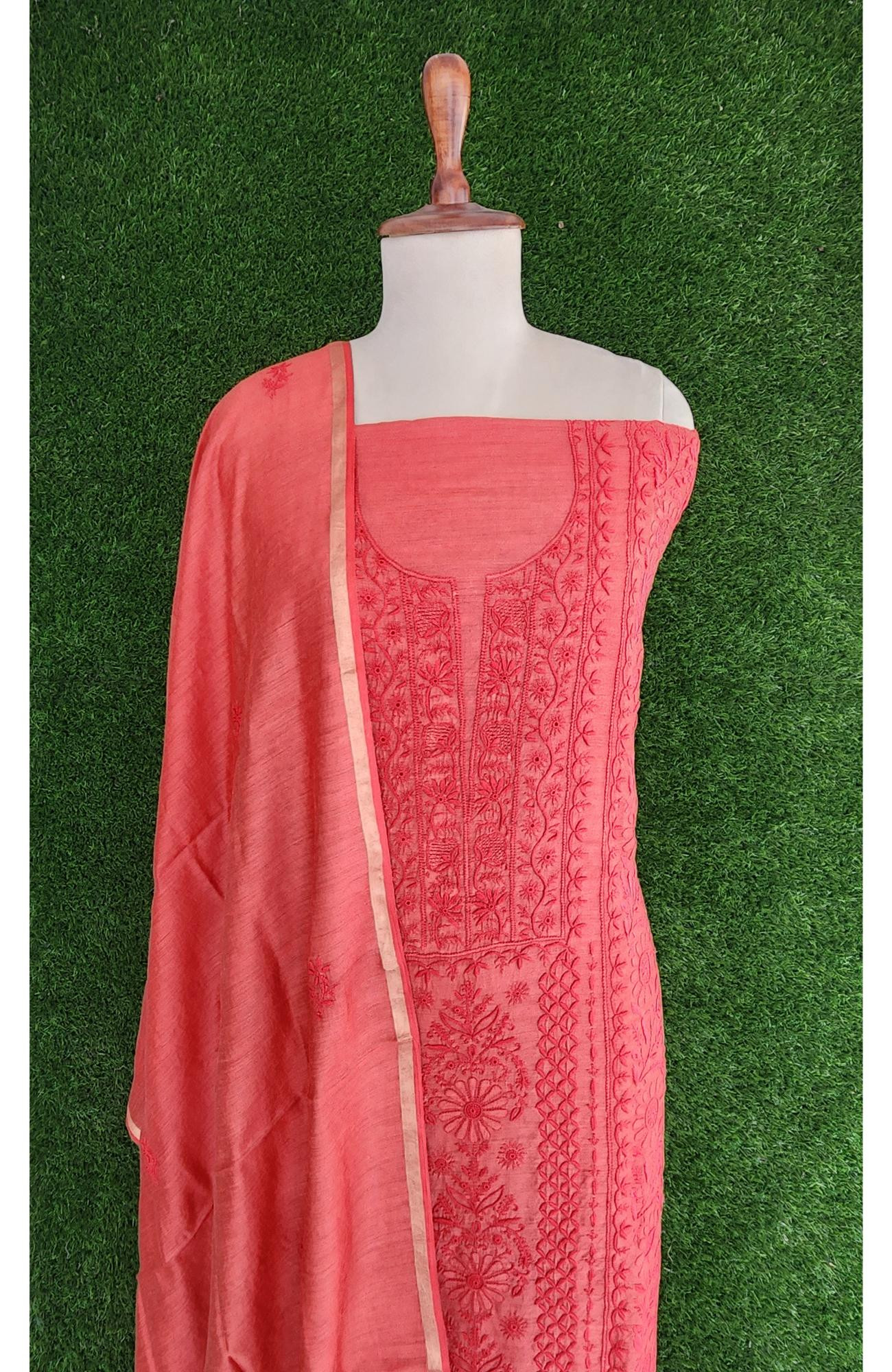 Red Chanderi Silk Chikankari Kurta & Dupatta