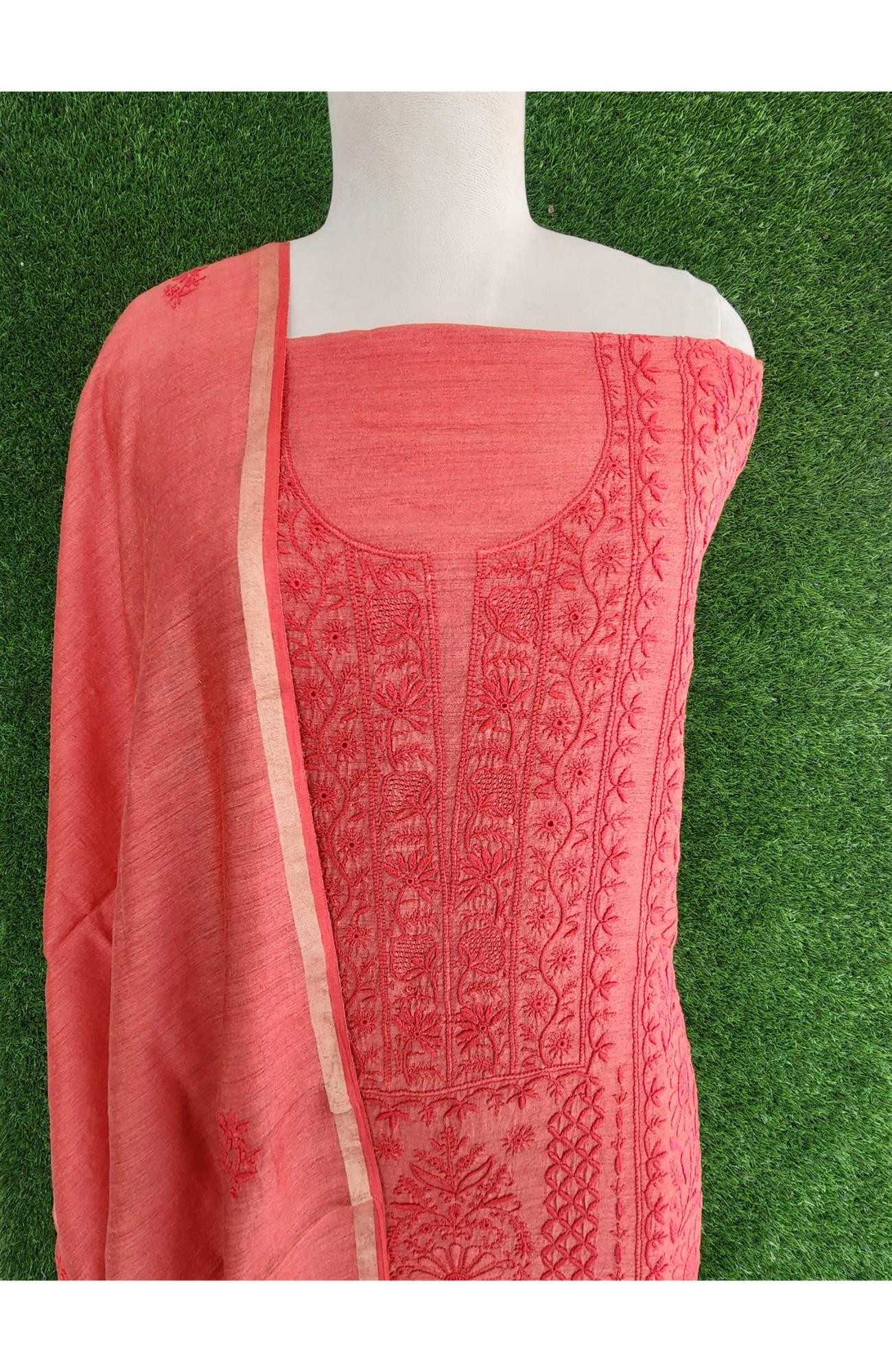 Red Chanderi Silk Chikankari Kurta & Dupatta