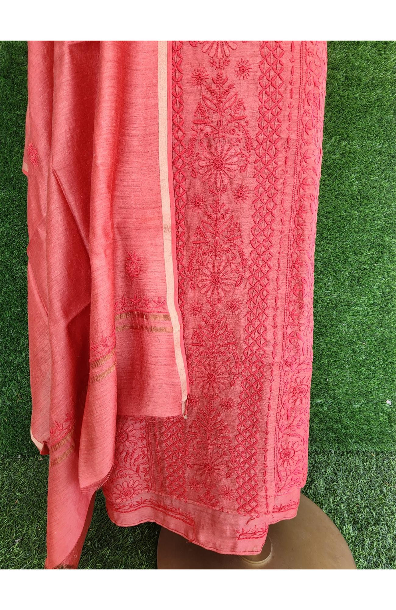 Red Chanderi Silk Chikankari Kurta & Dupatta