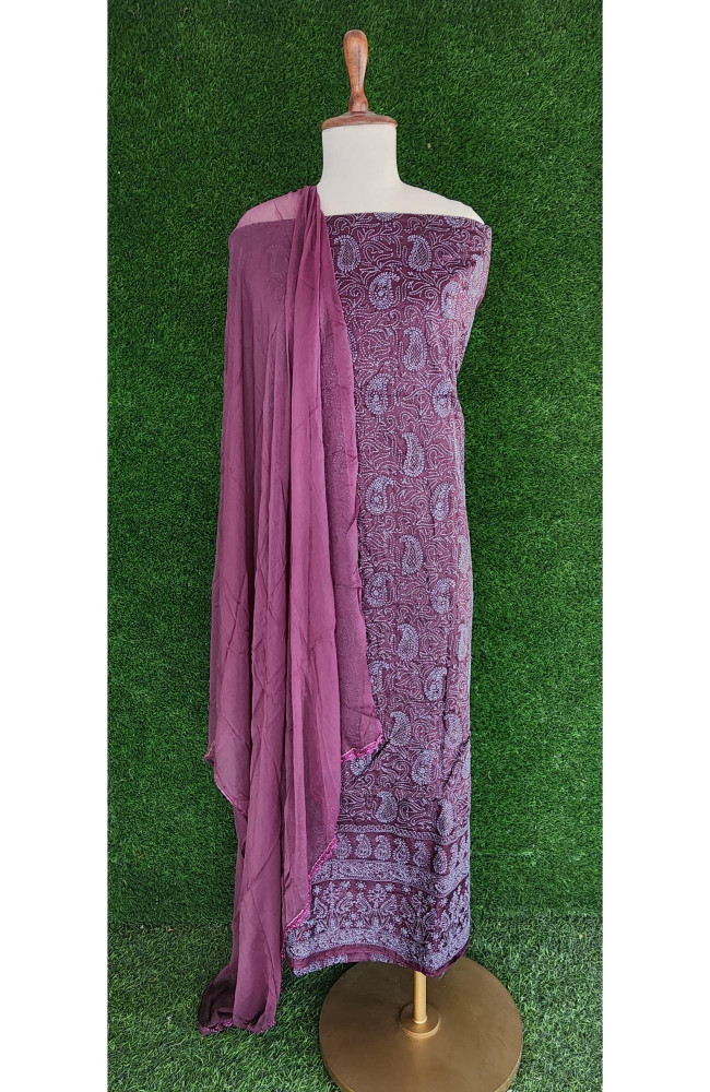 Image of Wine Silk Chikankari Suit Length