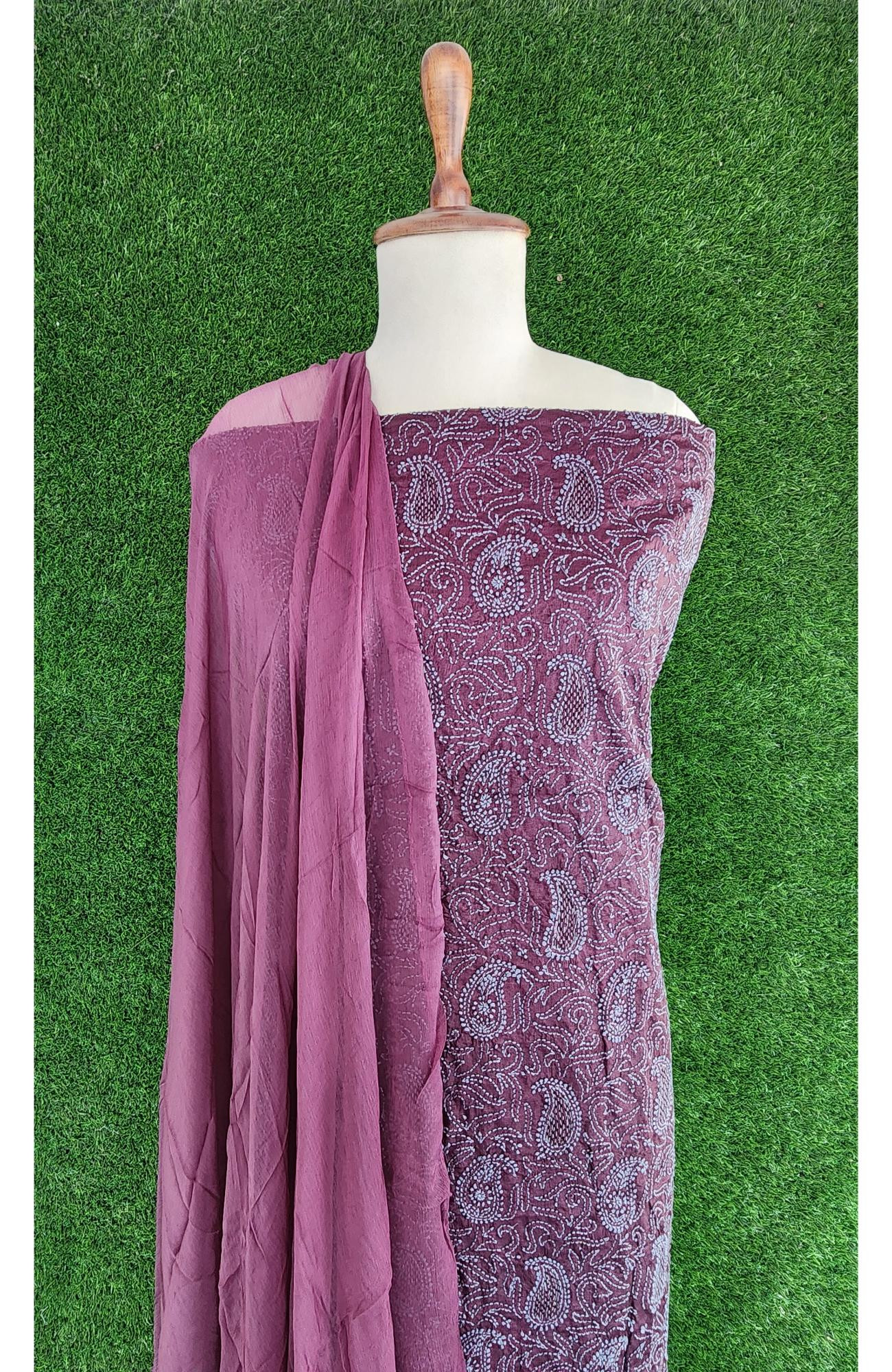 Wine Silk Chikankari Suit Length