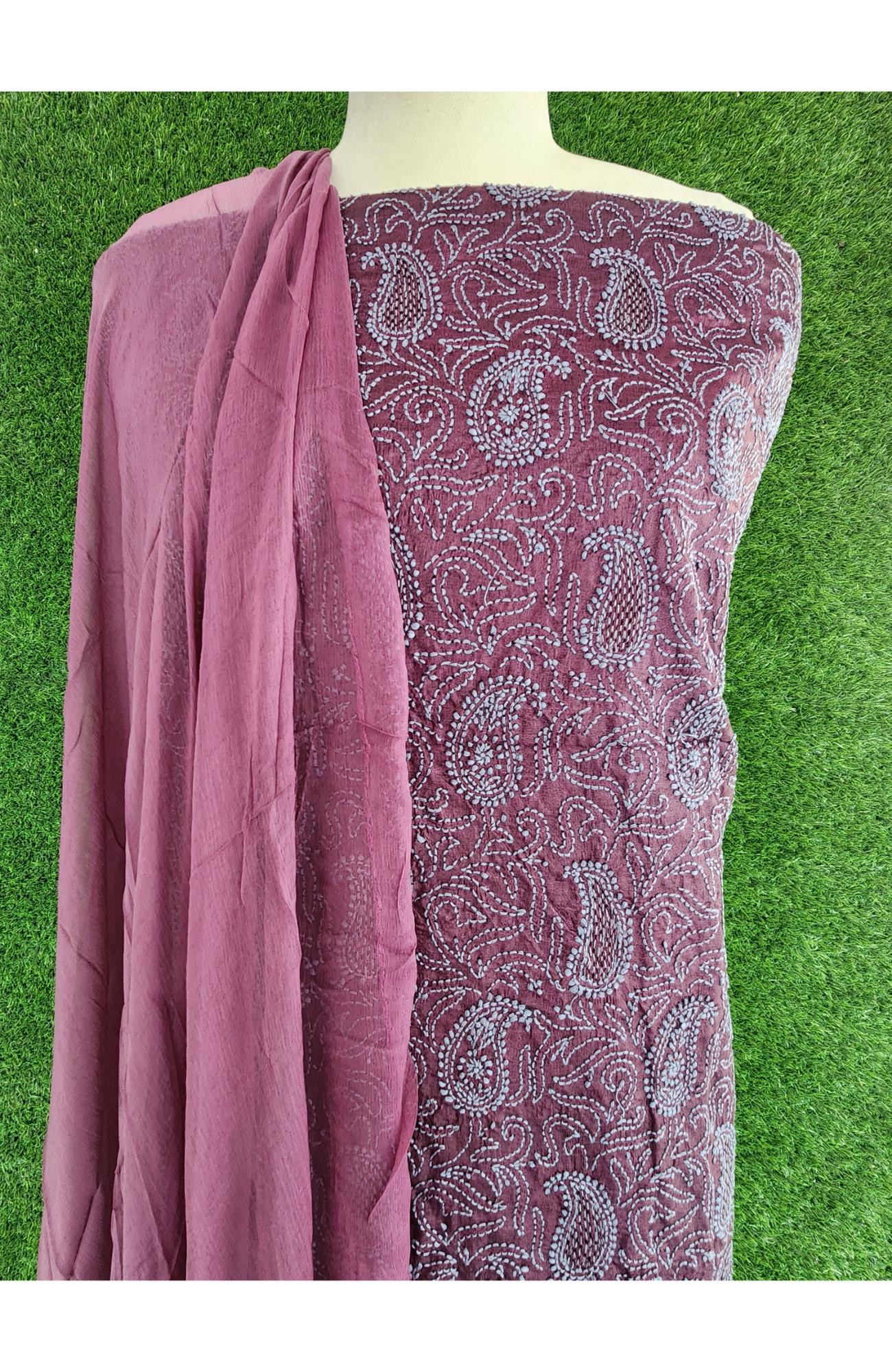 Wine Silk Chikankari Suit Length