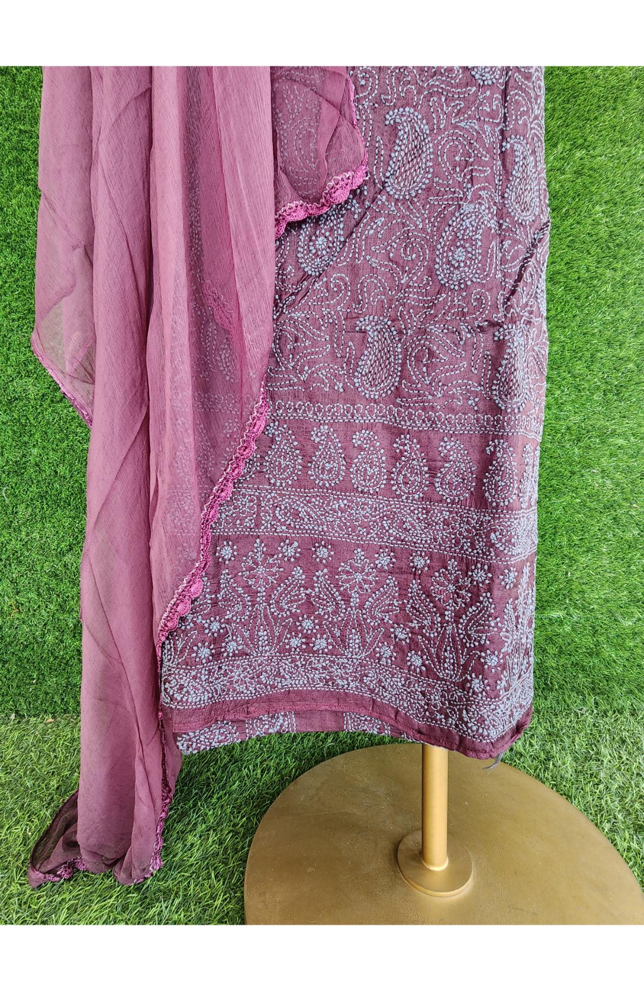 Wine Silk Chikankari Suit Length