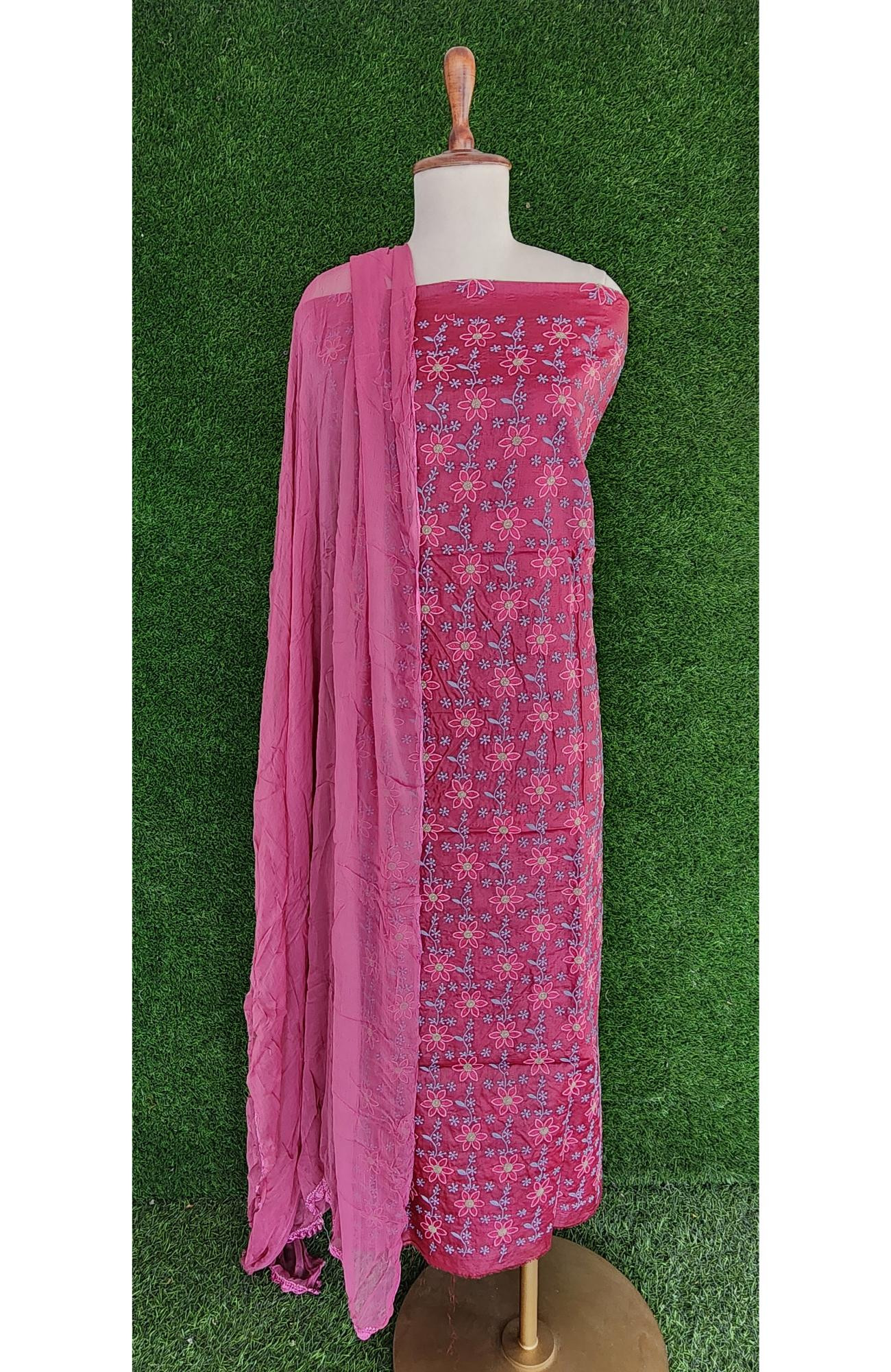 Pink Silk Chikankari Suit Length