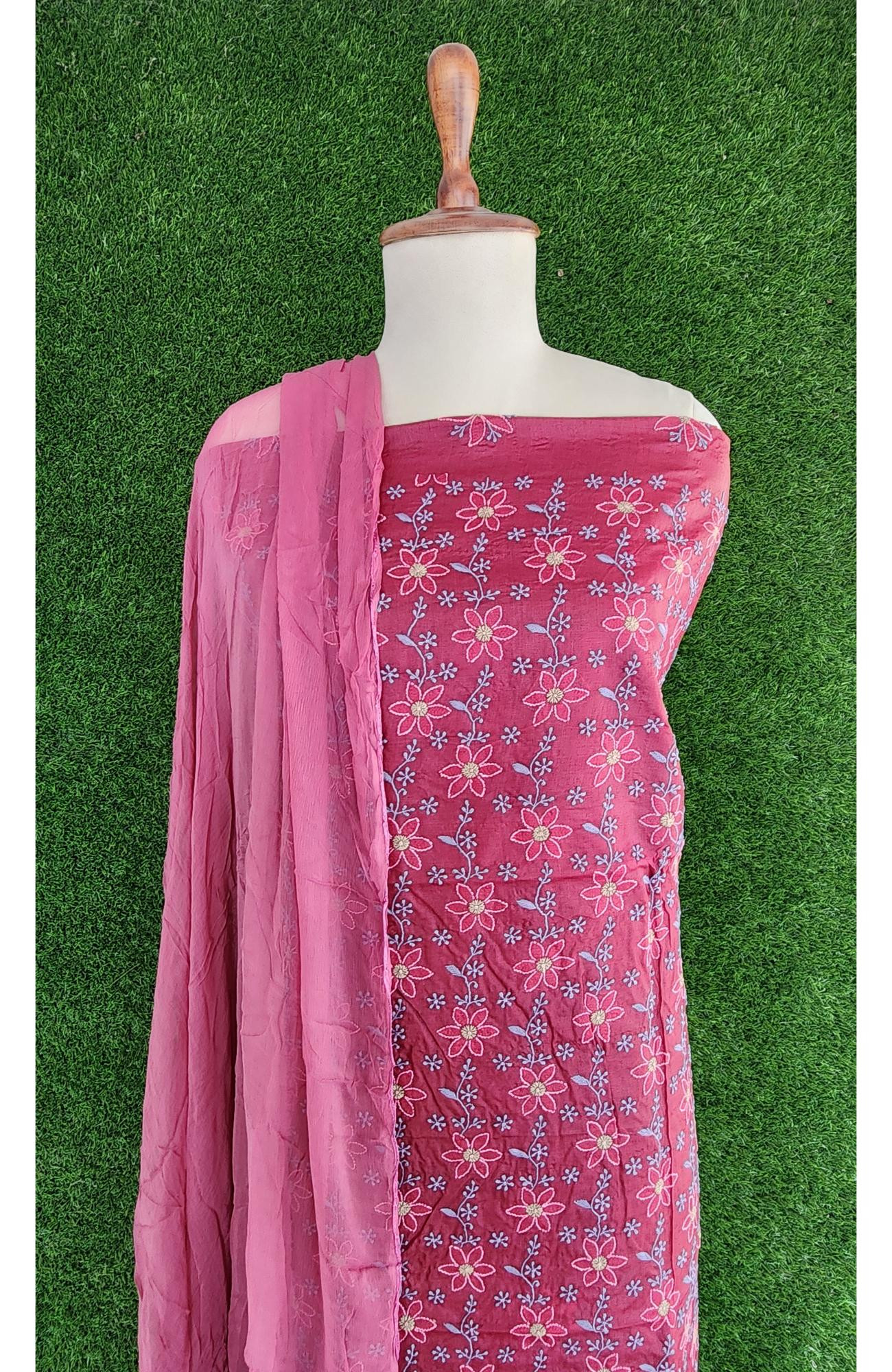 Pink Silk Chikankari Suit Length
