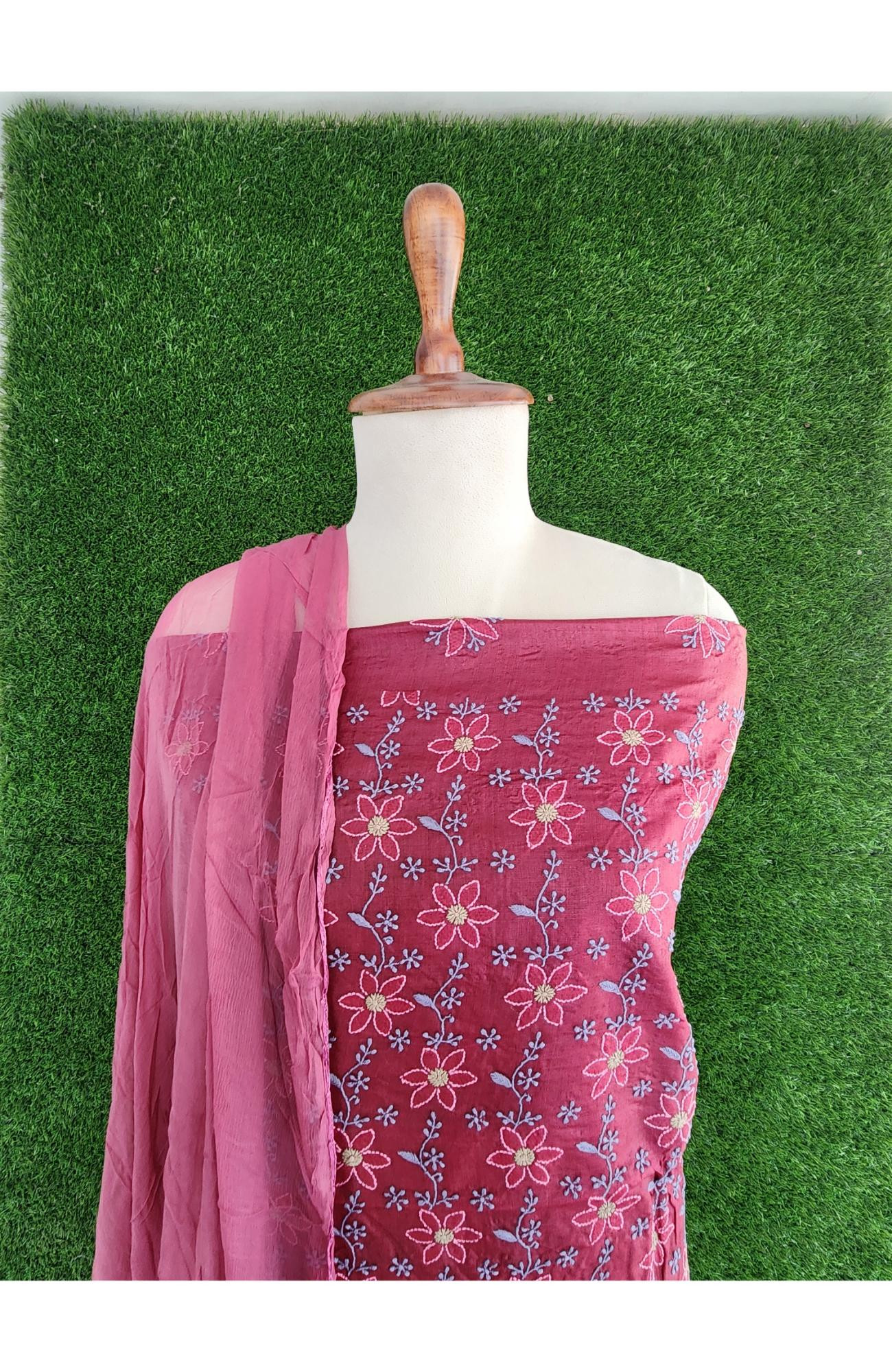 Pink Silk Chikankari Suit Length