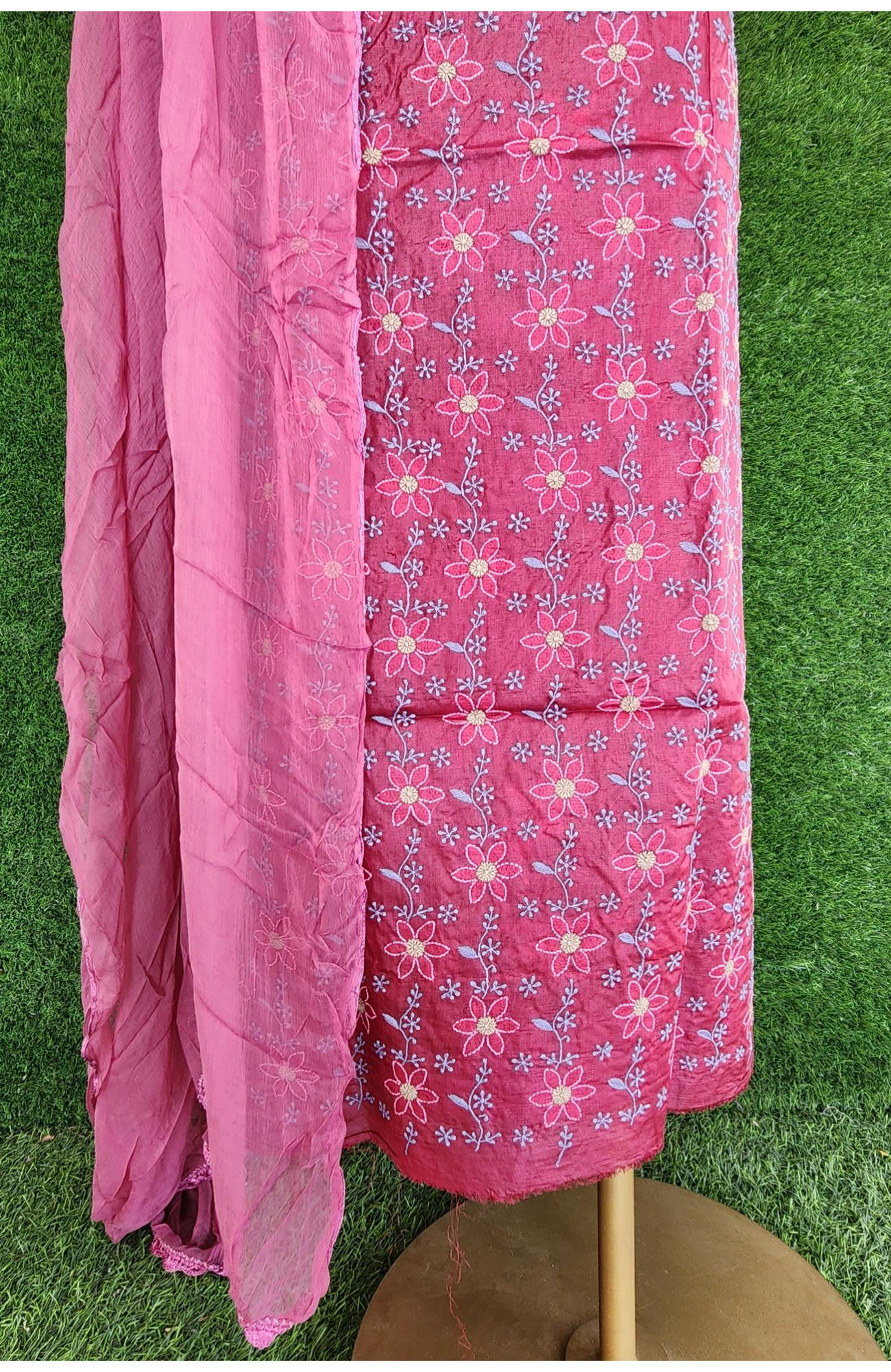 Pink Silk Chikankari Suit Length