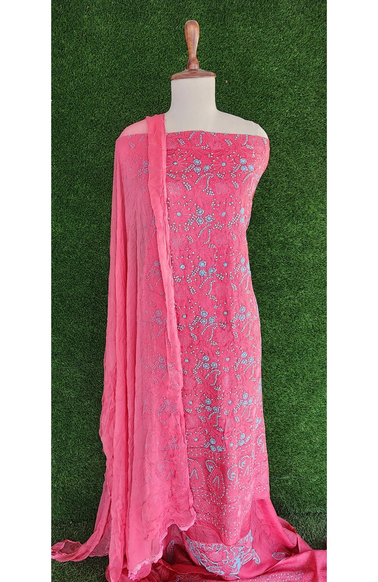 Gajri Pink Silk Chikankari Suit Length