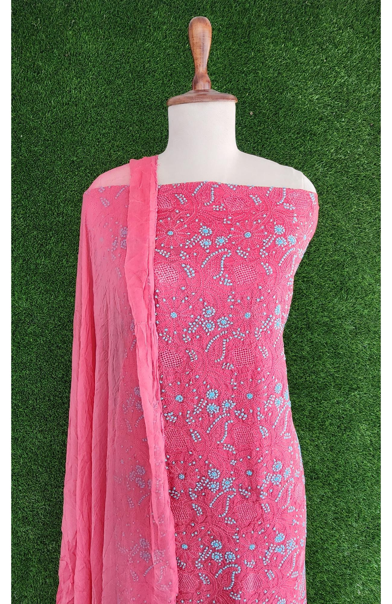 Gajri Pink Silk Chikankari Suit Length