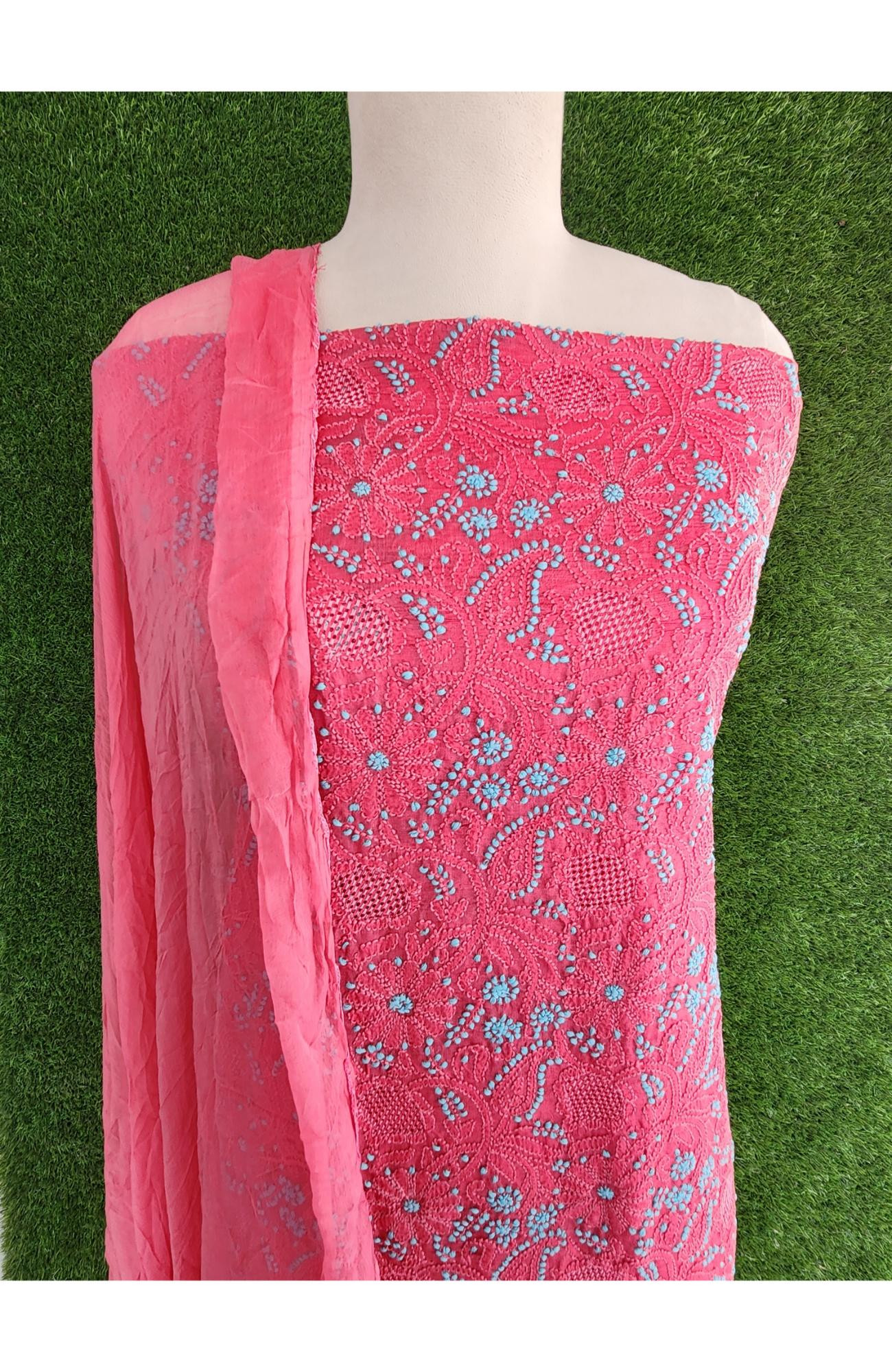 Gajri Pink Silk Chikankari Suit Length
