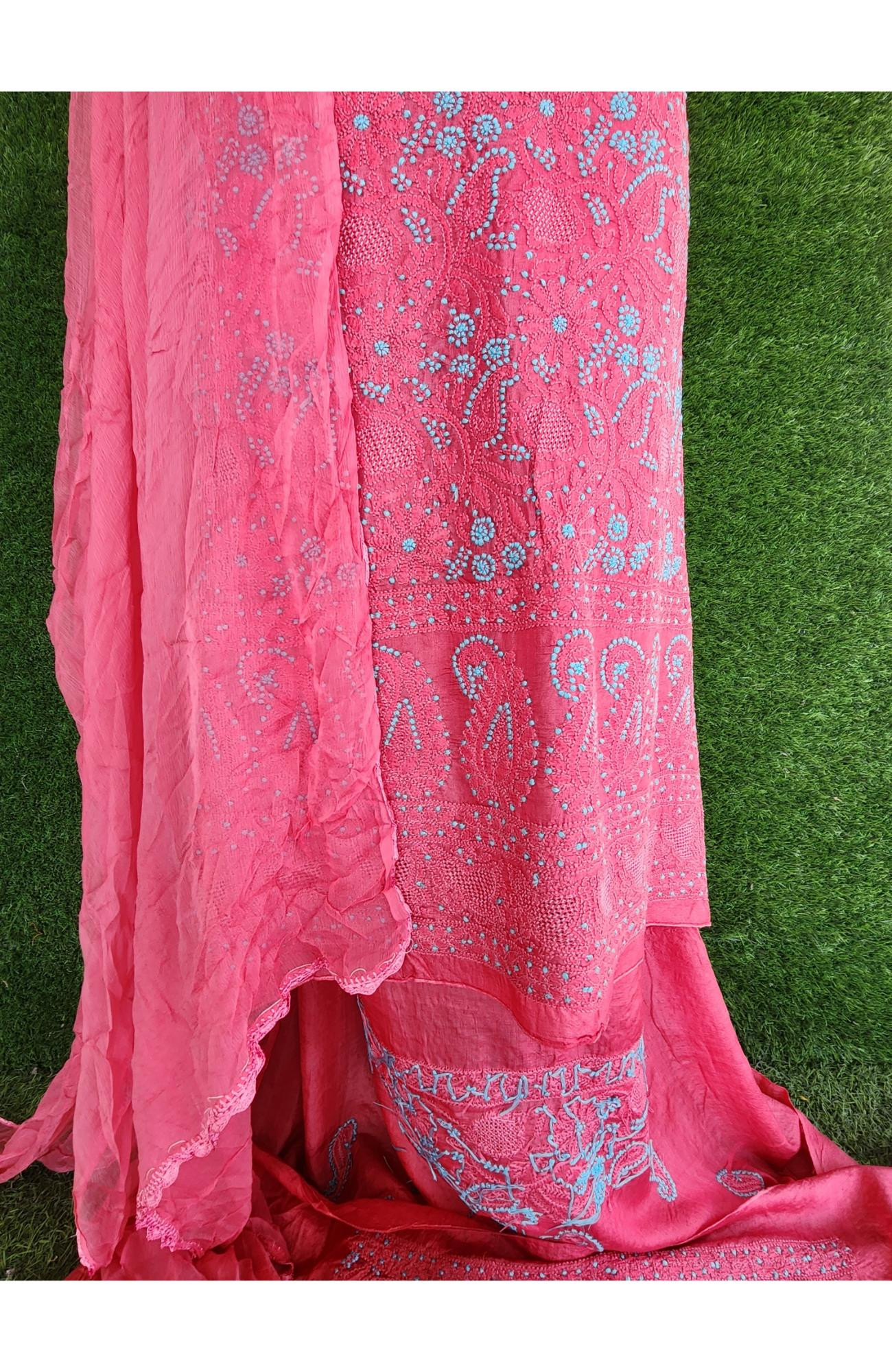Gajri Pink Silk Chikankari Suit Length