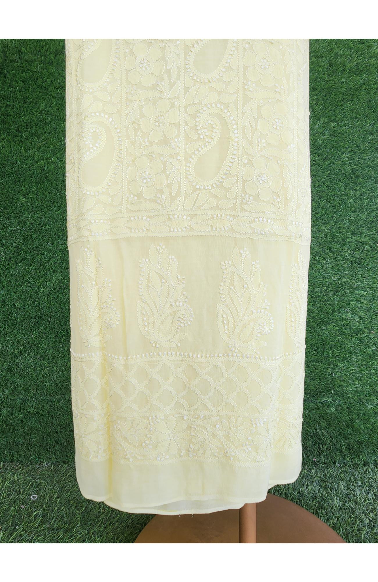 Light Yellow Muslin Chikankari Kurta & Dupatta Set Hand Embroidered | Rohia