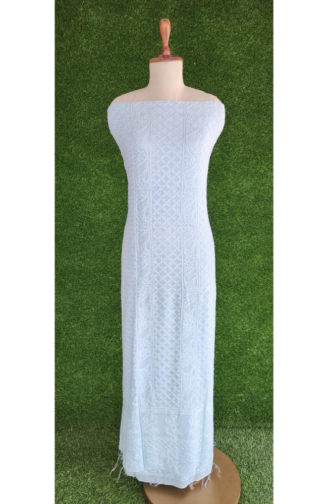 Image of Blue Pure Georgette Chikankari Kurta &amp; Dupatta