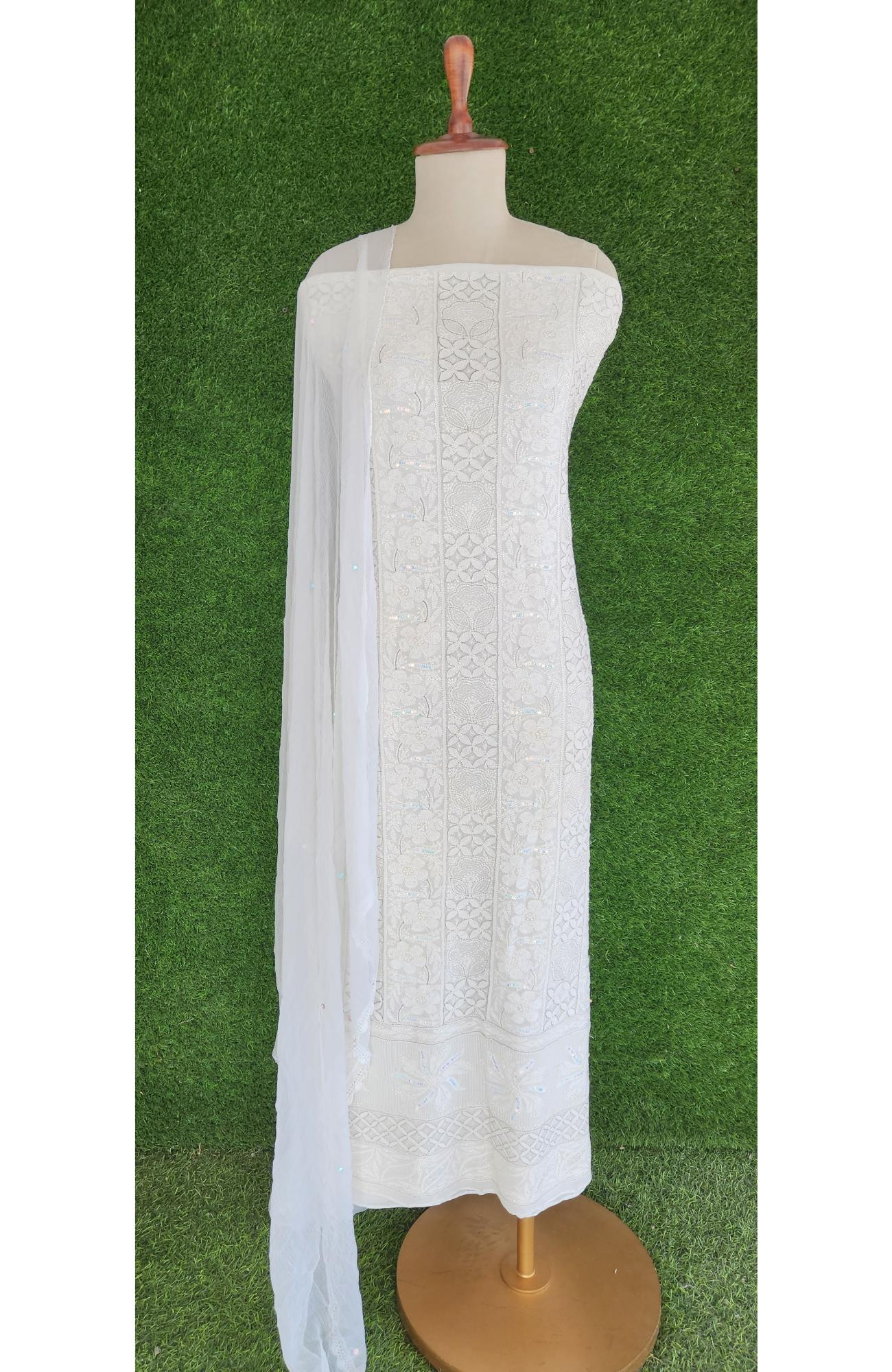 White Pure Georgette Unstiched  Chikankari Kurta and Dupatta  I Rohia