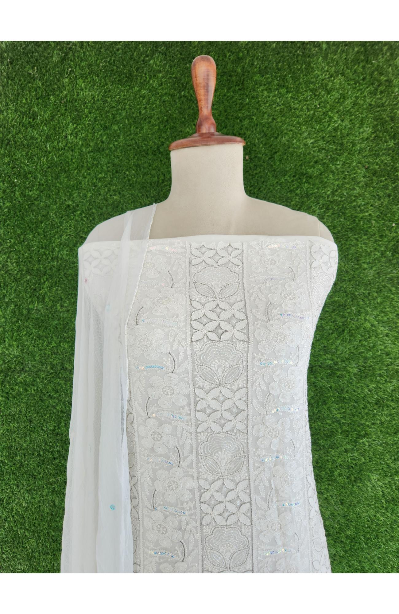 White Pure Georgette Unstiched  Chikankari Kurta and Dupatta  I Rohia