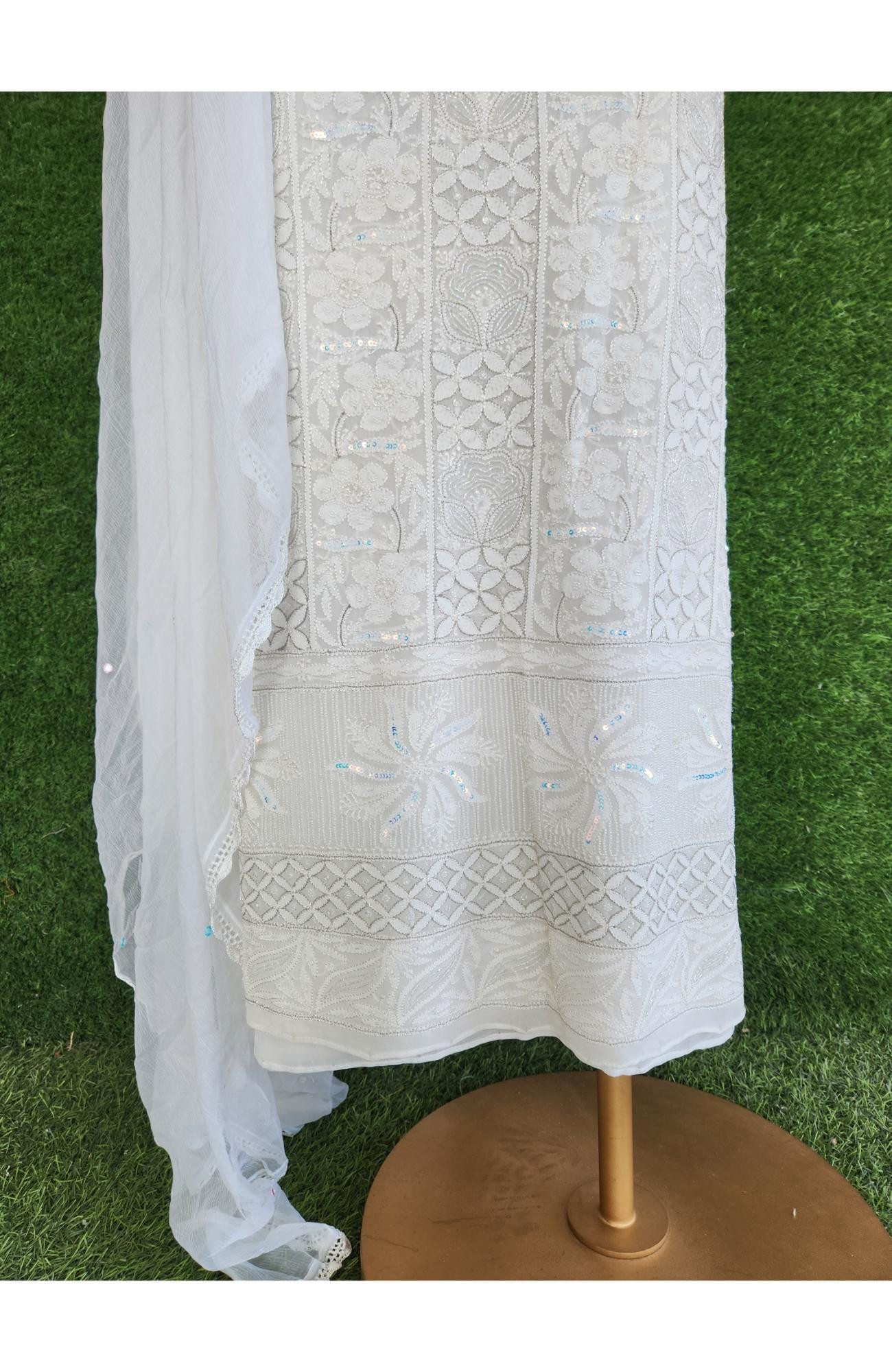 White Pure Georgette Unstiched  Chikankari Kurta and Dupatta  I Rohia