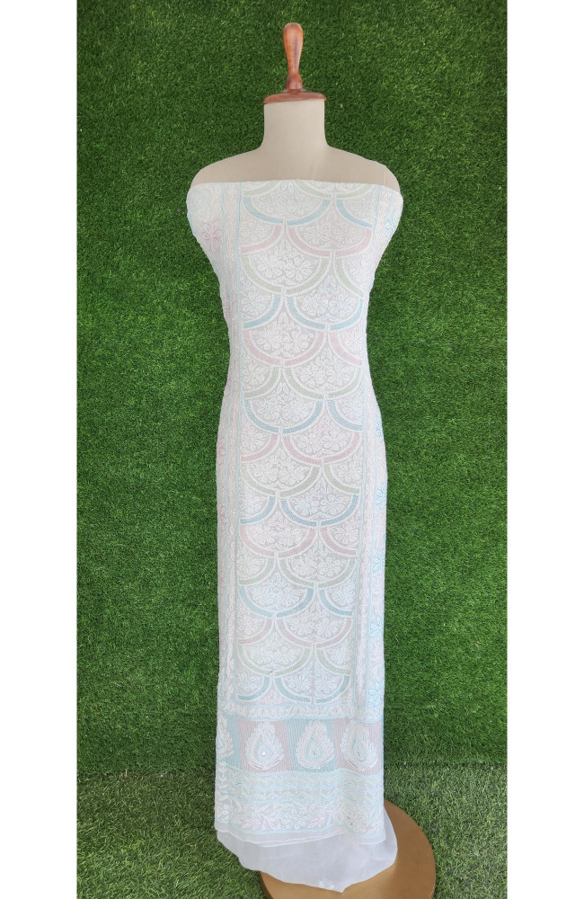 Image of White Pure Georgette Chikankari Kurta &amp; Dupatta Unstiched Set I Rohia