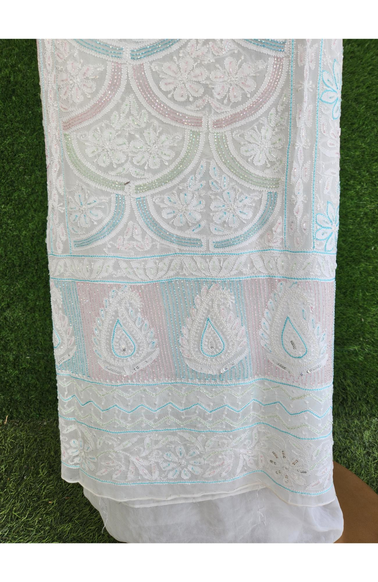 White Pure Georgette Chikankari Kurta & Dupatta Unstiched Set I Rohia