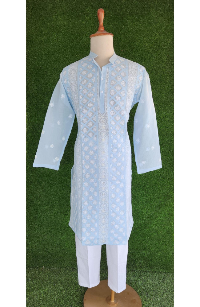 Image of Blue Cotton Chikankari Kurta