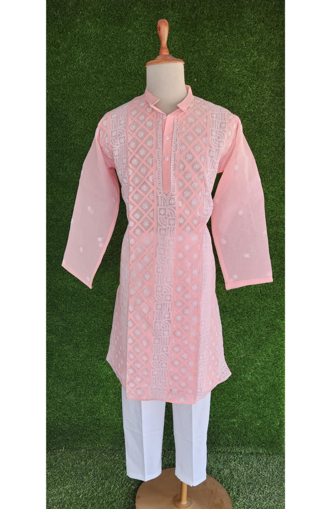 Image of Pink Cotton Chikankari Kurta