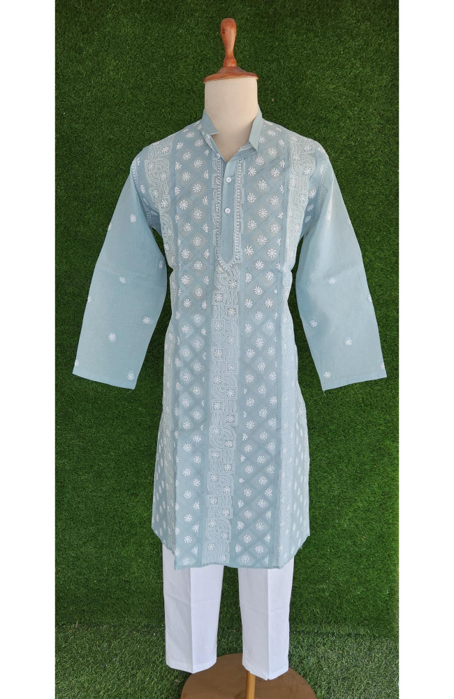 Image of Grey Cotton Chikankari Kurta