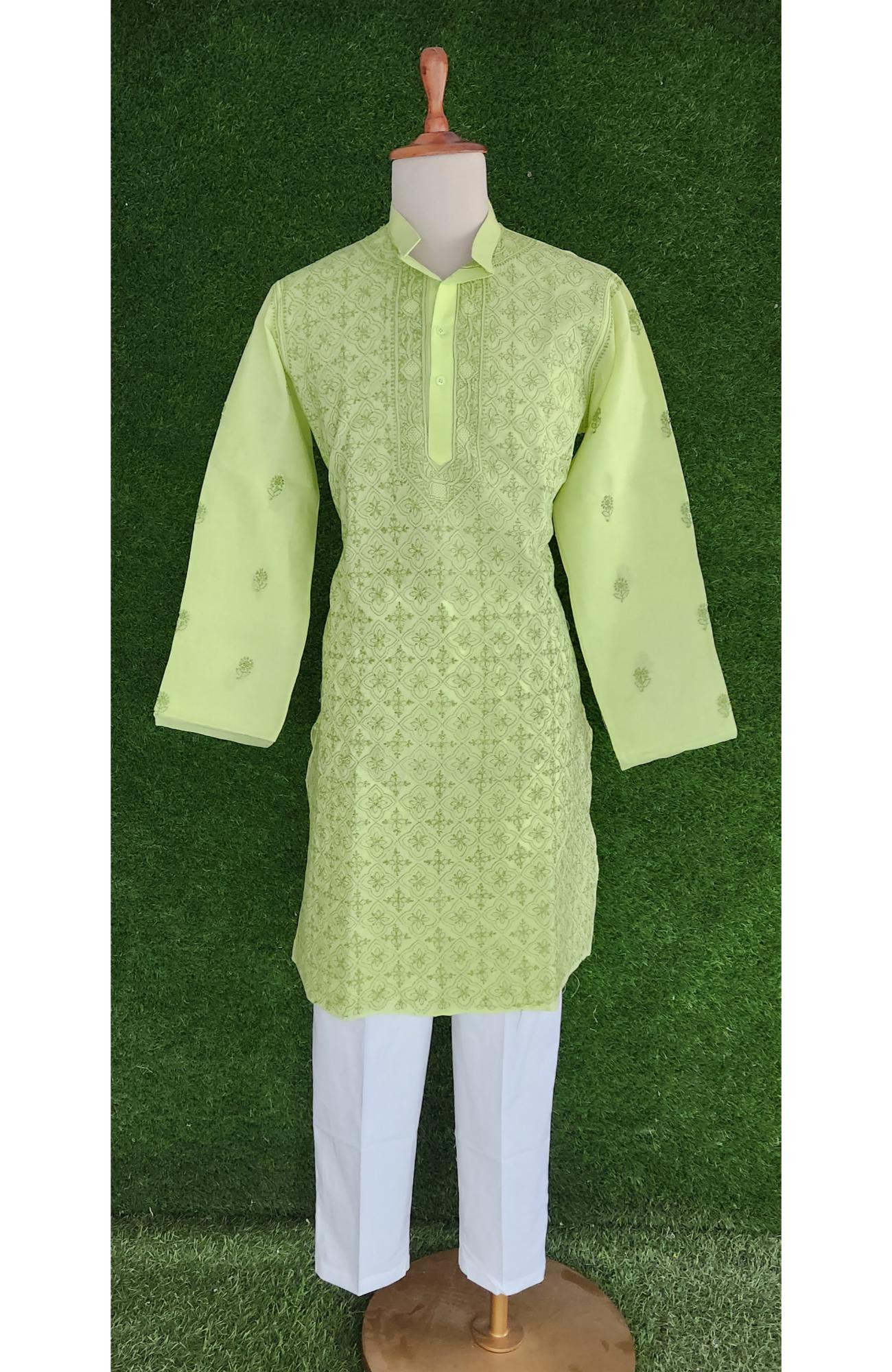 Green Cotton Chikankari Kurta