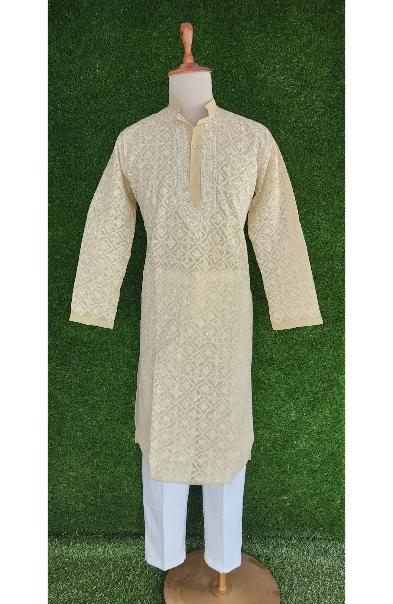 Beige Cotton Chikankari Kurta