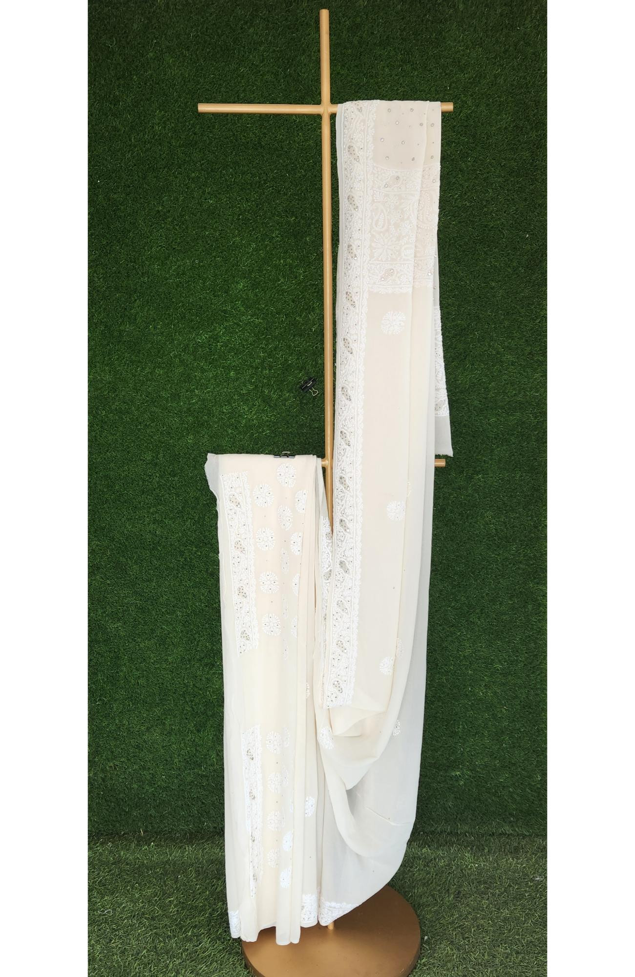 White Pure Georgette Lucknowi Chikankari Saree | Rohia by Chhangamal