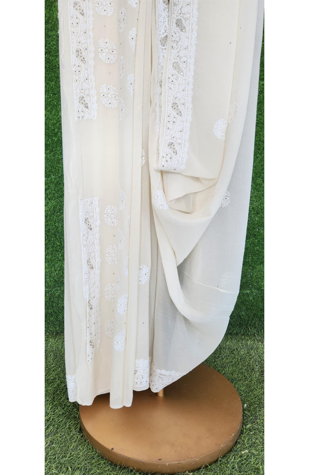 White Pure Georgette Lucknowi Chikankari Saree | Rohia by Chhangamal