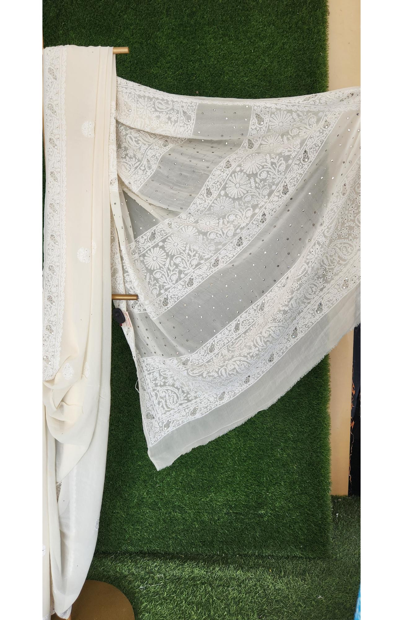 White Pure Georgette Lucknowi Chikankari Saree | Rohia by Chhangamal