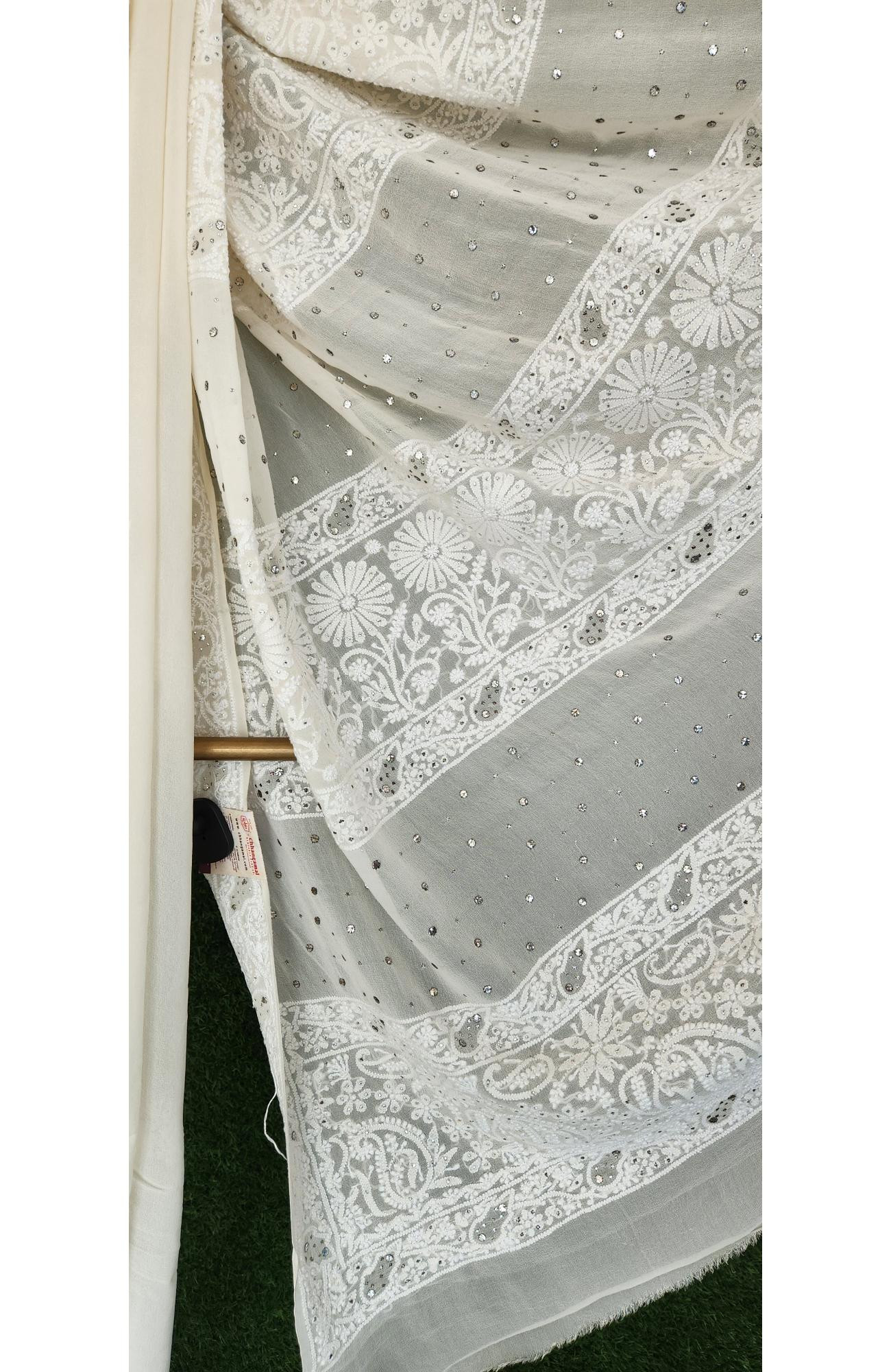 White Pure Georgette Lucknowi Chikankari Saree | Rohia by Chhangamal