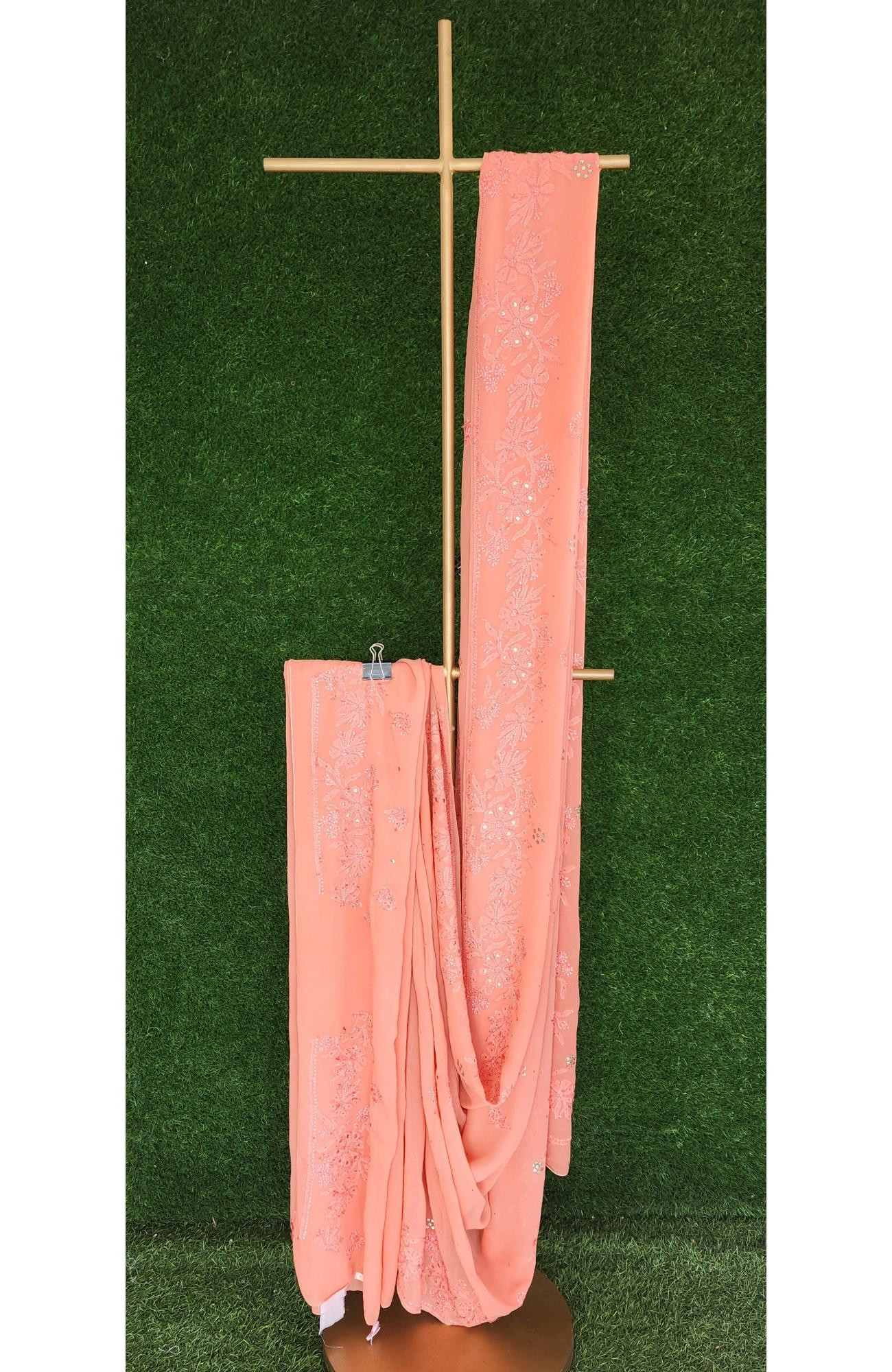 Peach Pure Georgette Chikankari Saree