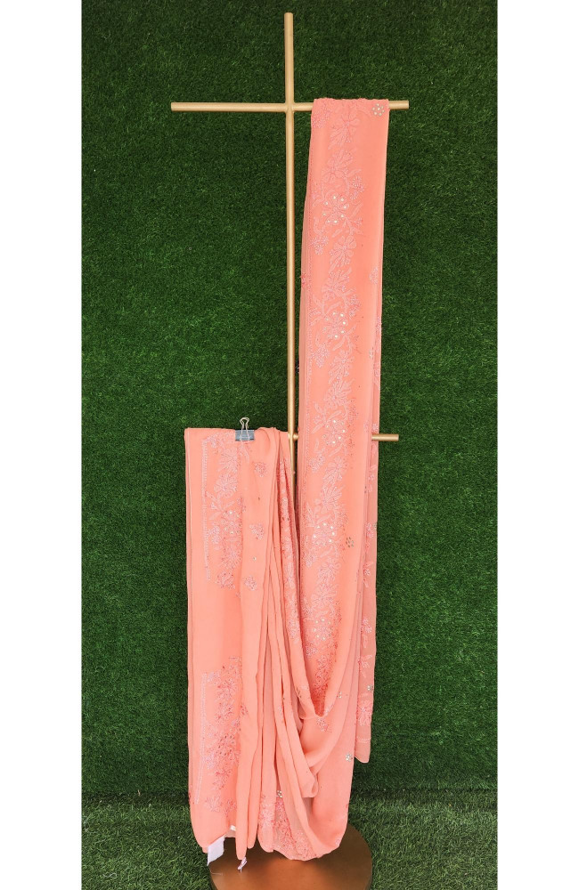 Image of Peach Pure Georgette Chikankari Saree