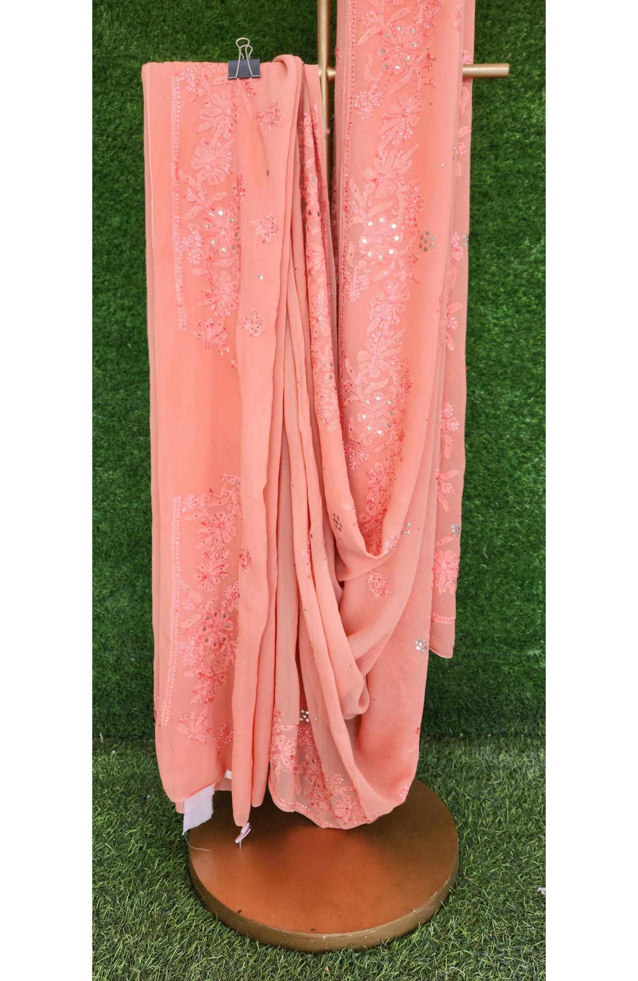 Peach Pure Georgette Chikankari Saree