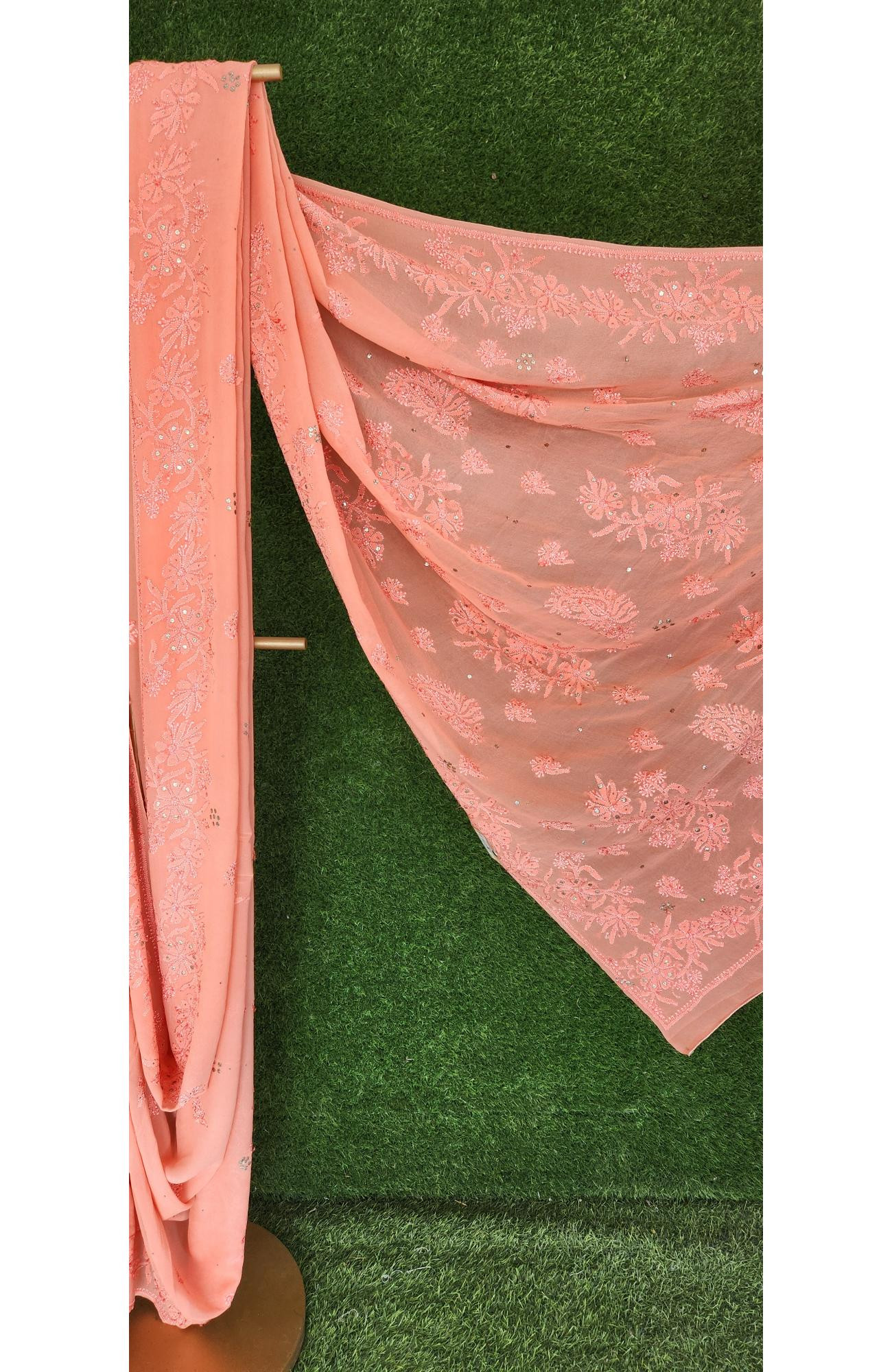 Peach Pure Georgette Chikankari Saree