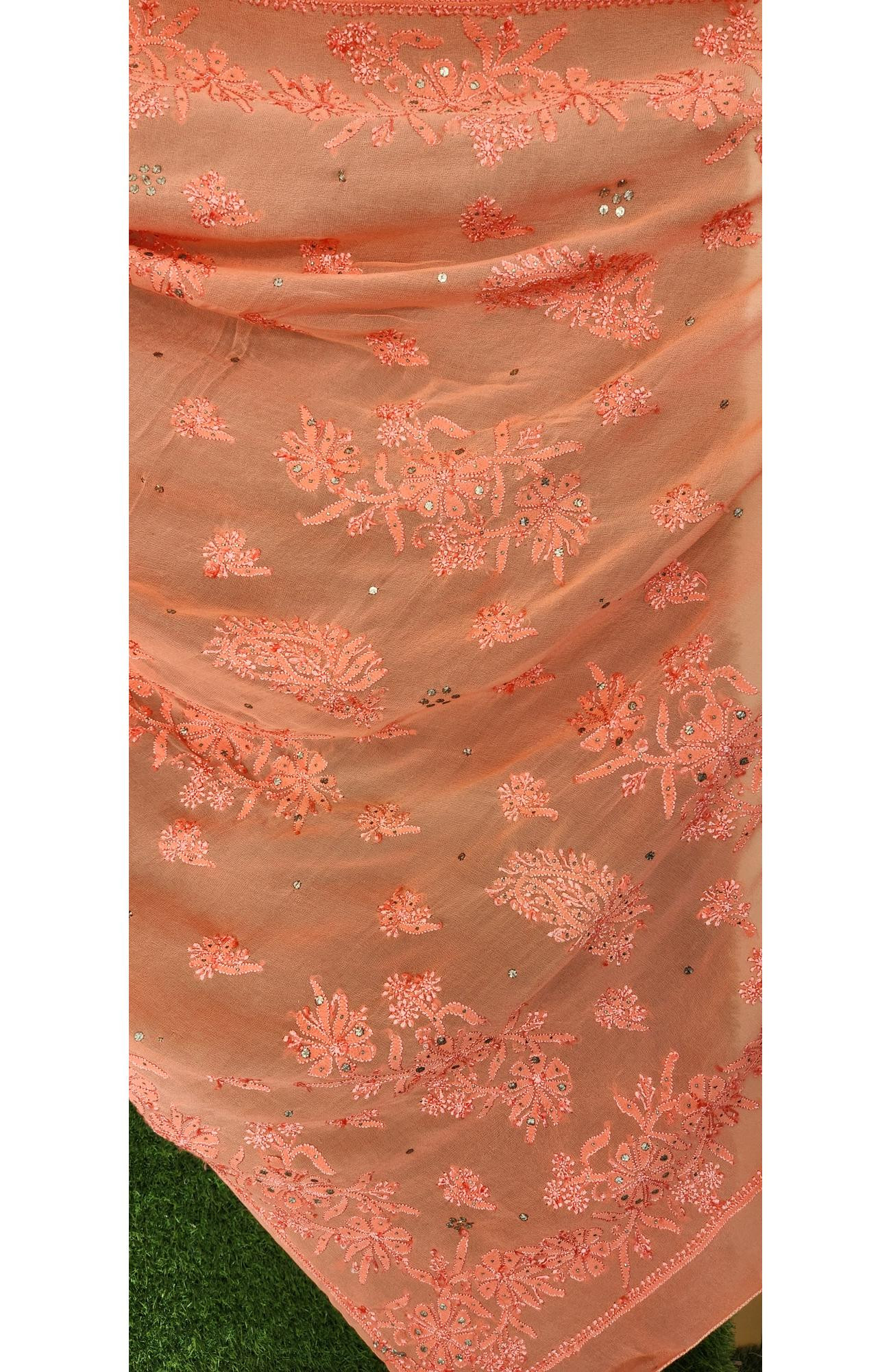 Peach Pure Georgette Chikankari Saree