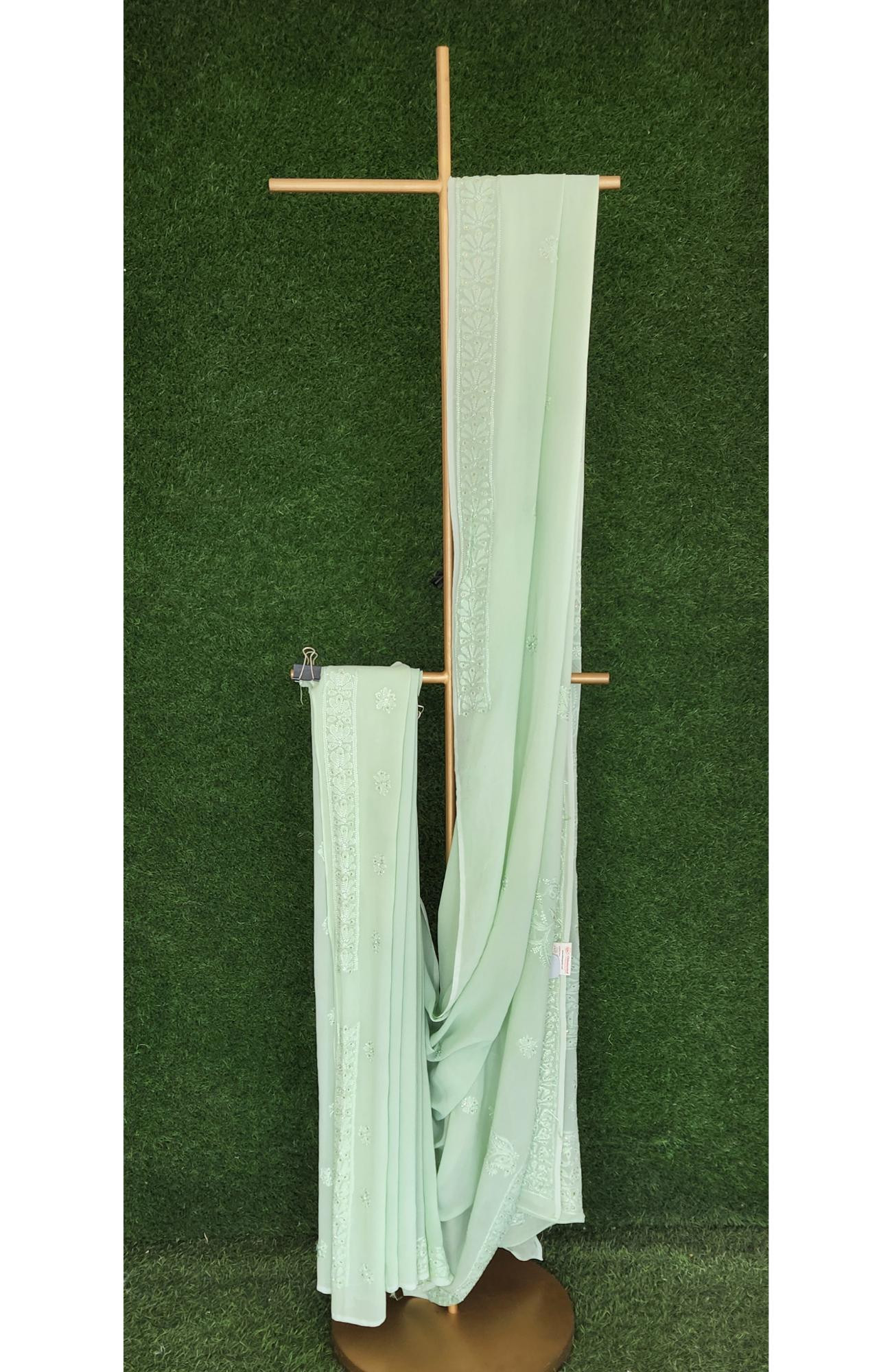 Mint Green Pure Georgette Lucknowi Chikankari Saree | Rohia by Chhangamal