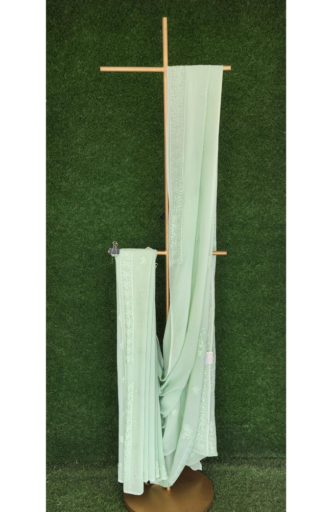 Image of Mint Green Pure Georgette Lucknowi Chikankari Saree | Rohia by Chhangamal