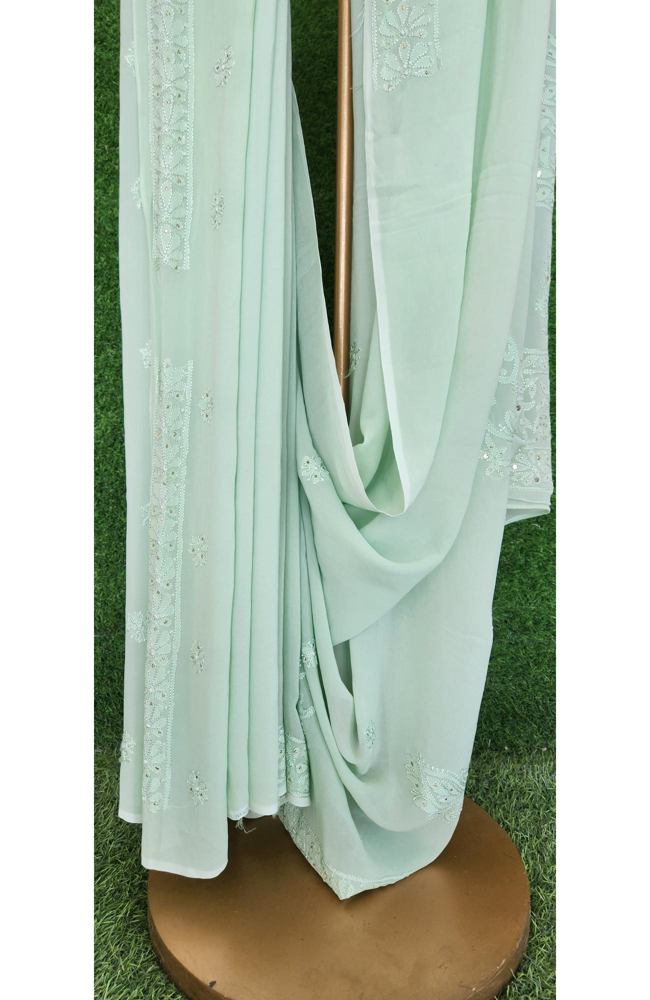 Mint Green Pure Georgette Lucknowi Chikankari Saree | Rohia by Chhangamal