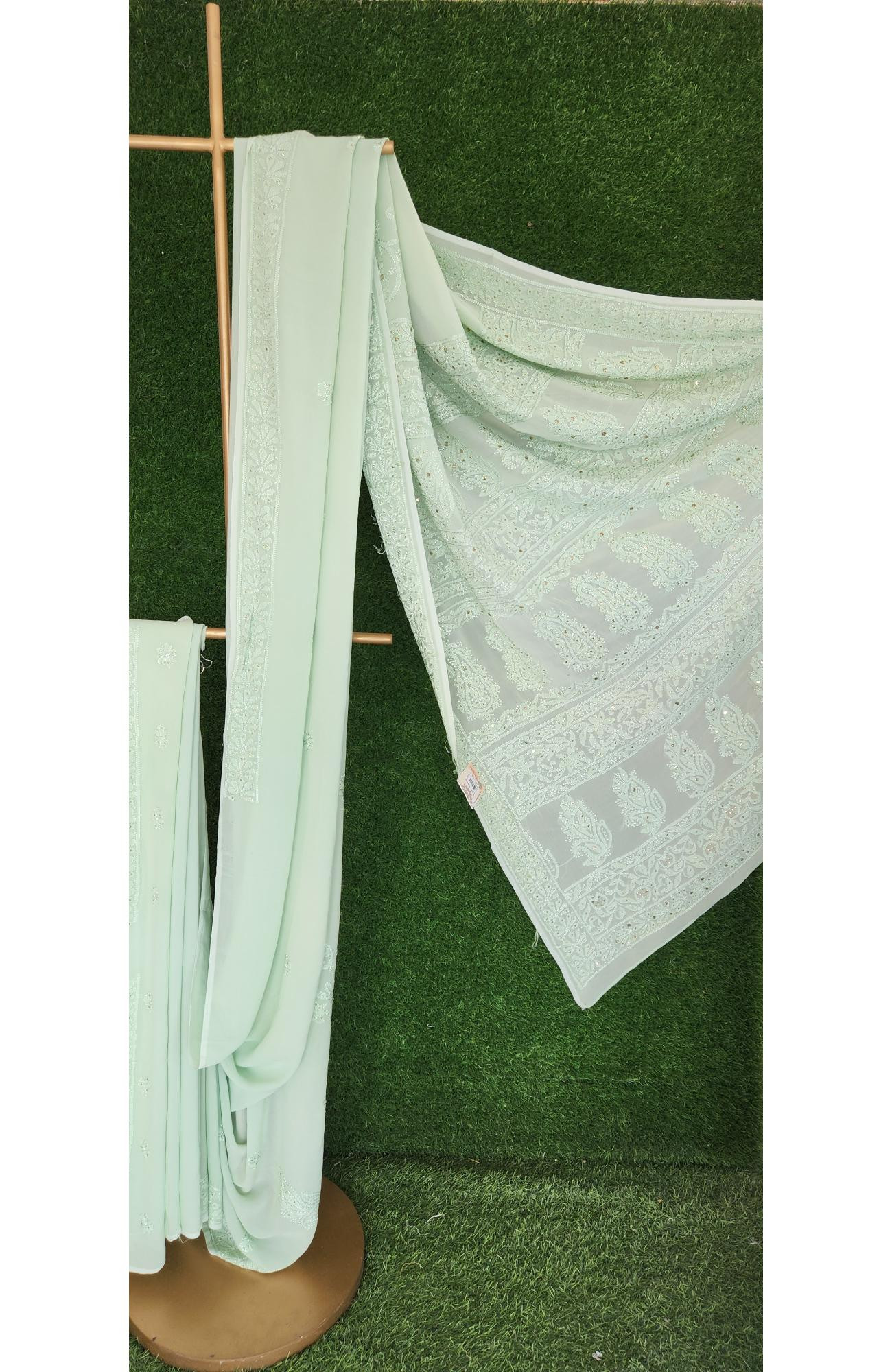 Mint Green Pure Georgette Lucknowi Chikankari Saree | Rohia by Chhangamal