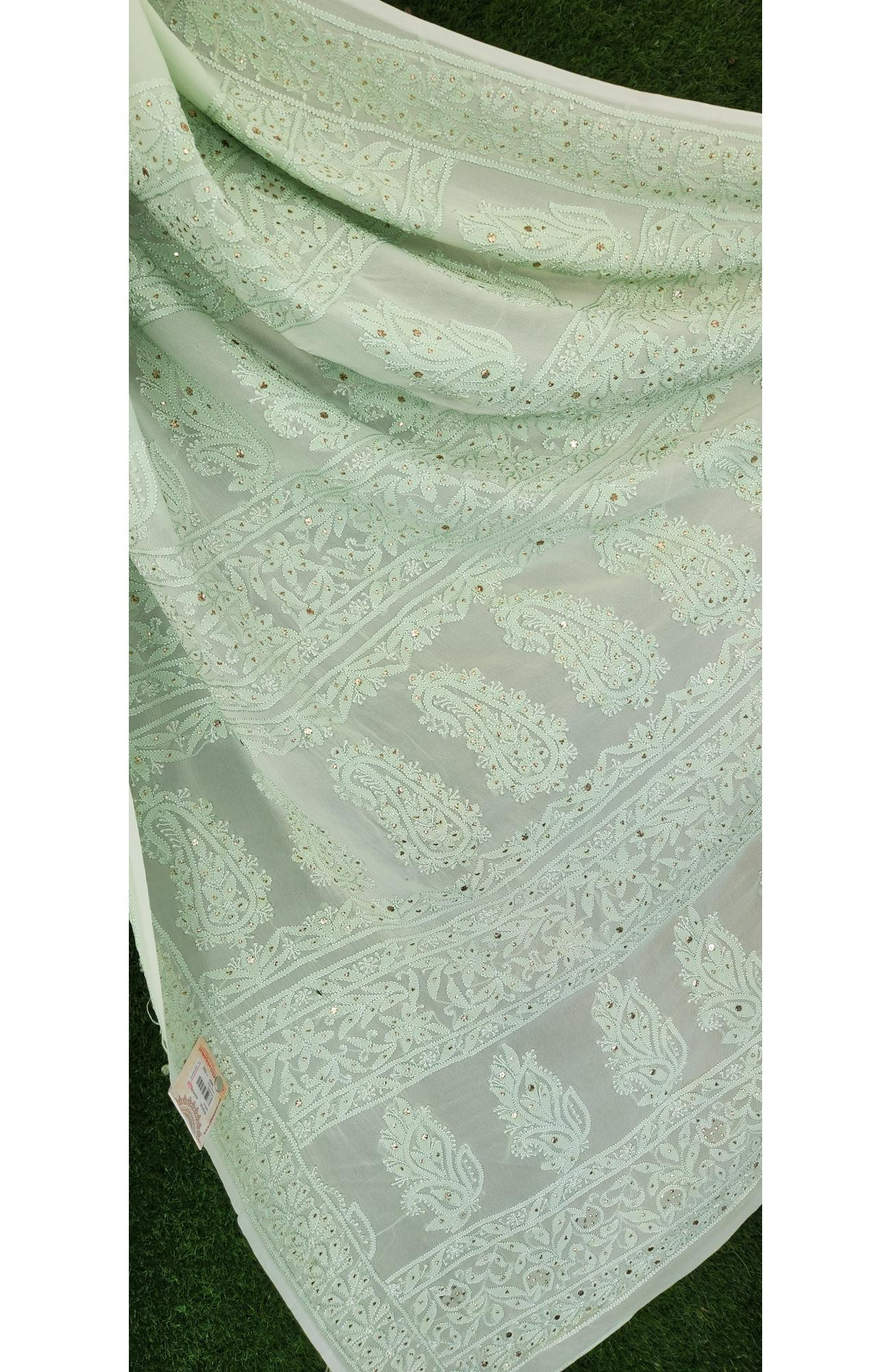 Mint Green Pure Georgette Lucknowi Chikankari Saree | Rohia by Chhangamal