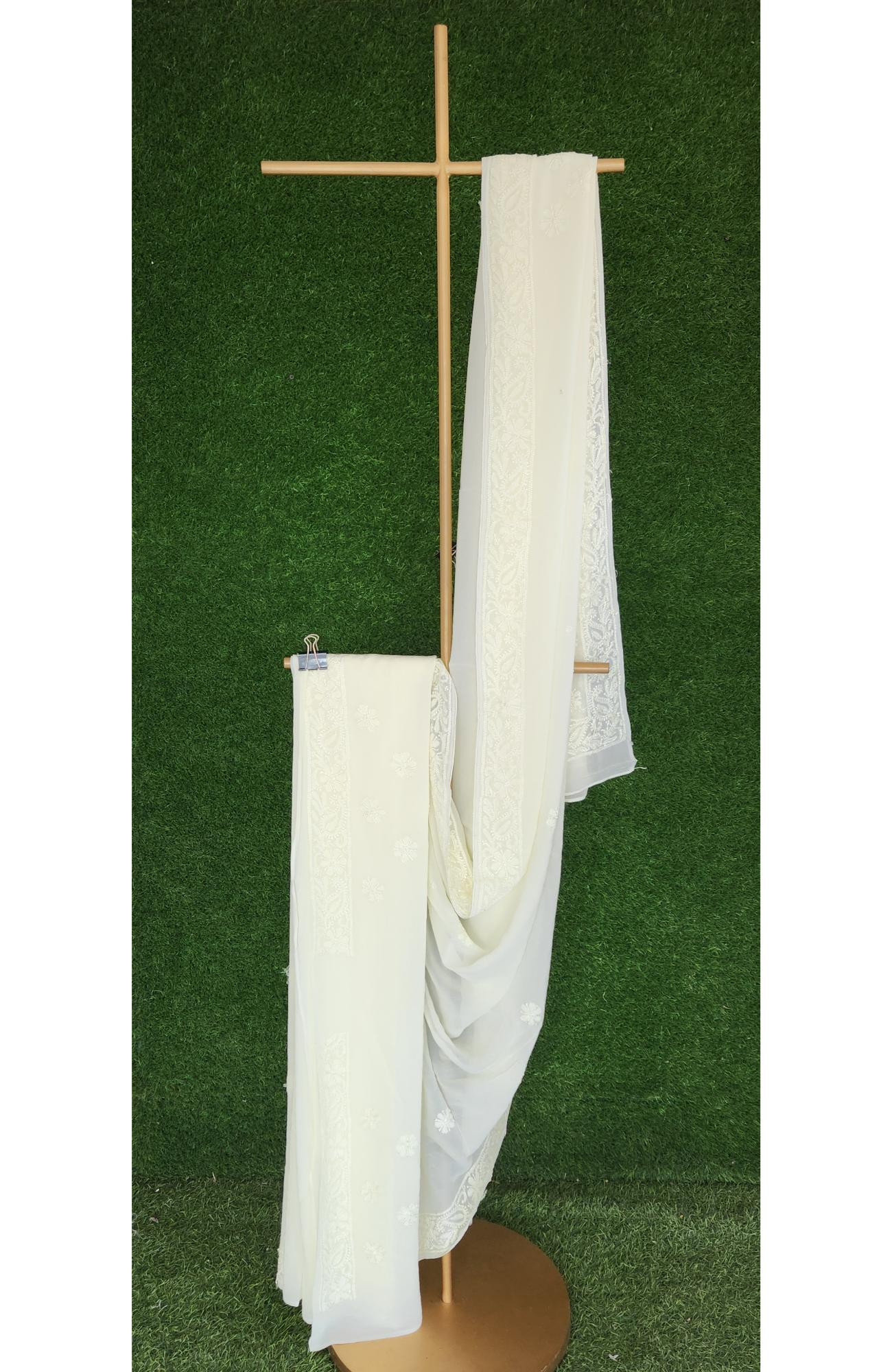 Cream Pure Georgette Chikankari Saree