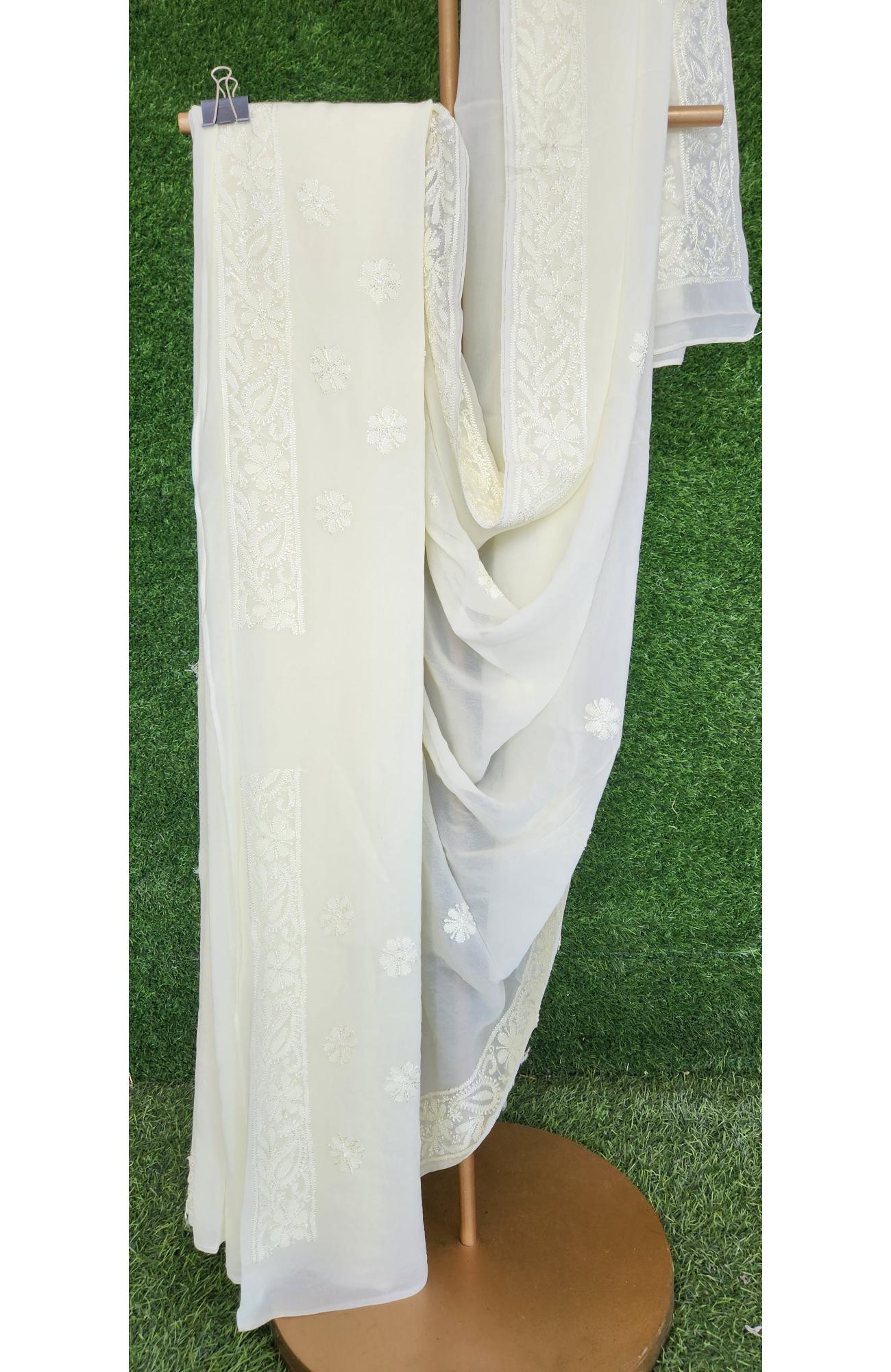 Cream Pure Georgette Chikankari Saree