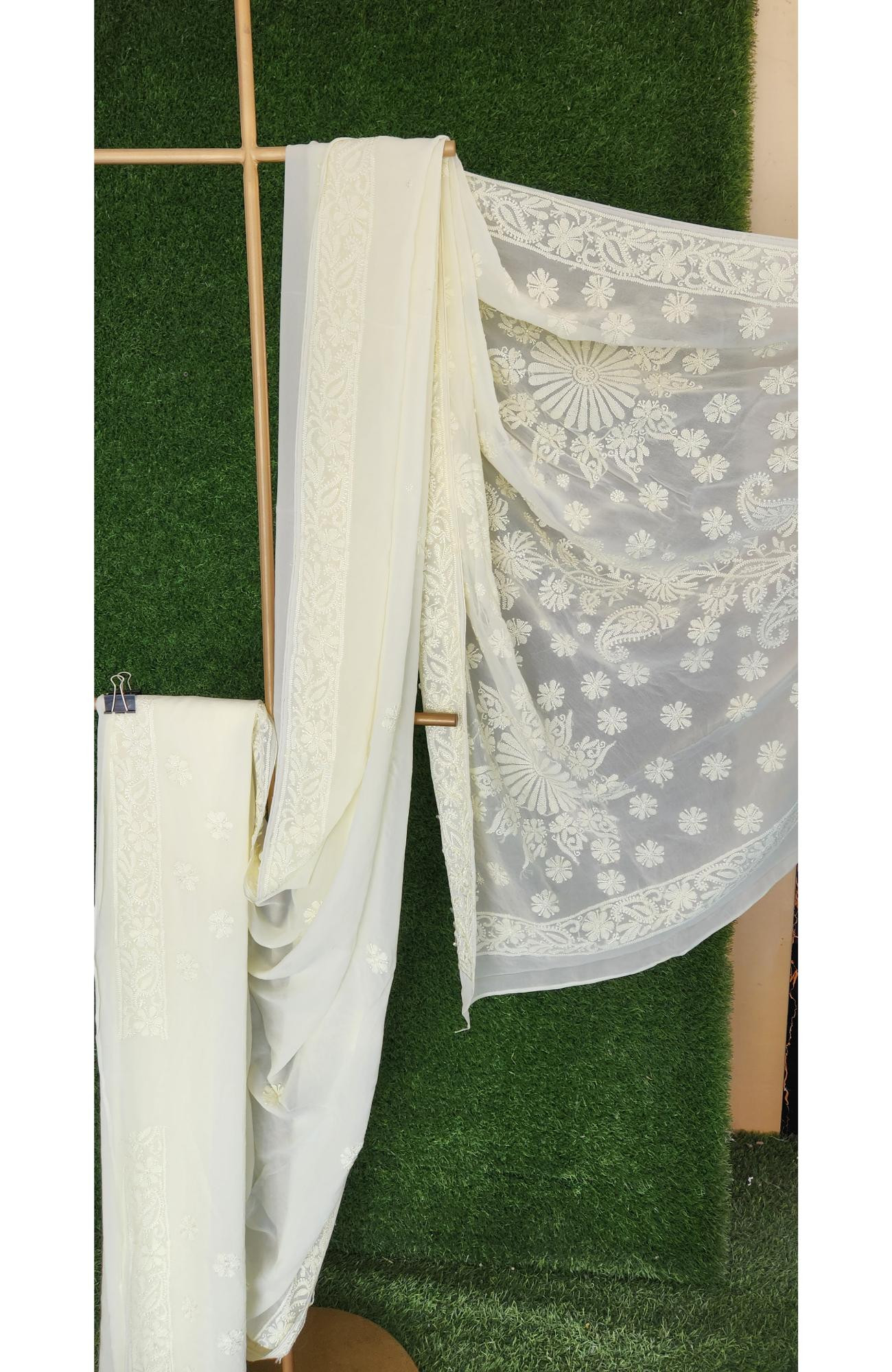 Cream Pure Georgette Chikankari Saree