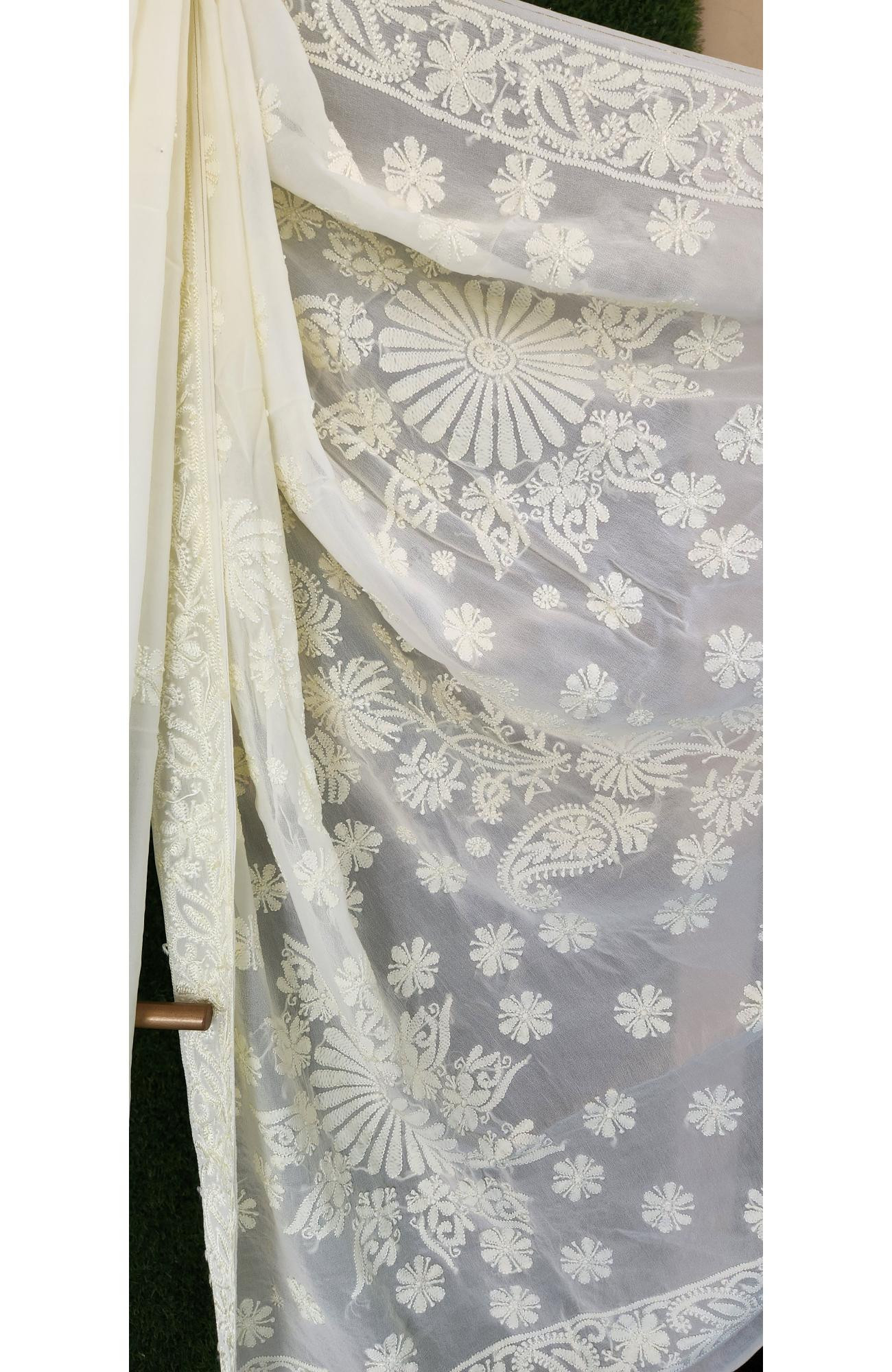 Cream Pure Georgette Chikankari Saree